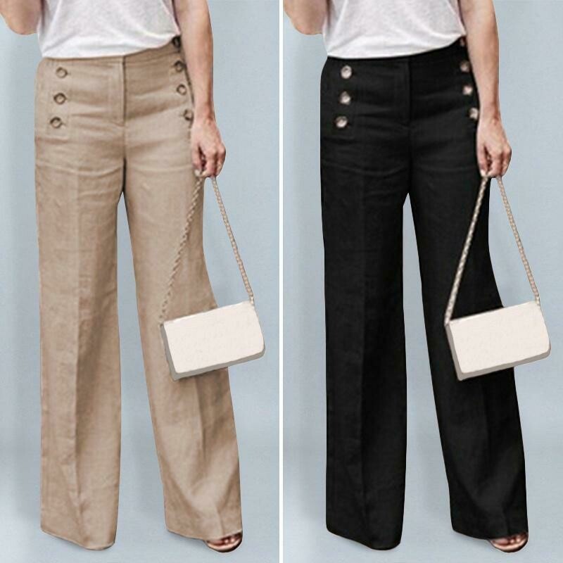 high waist button long loose pants