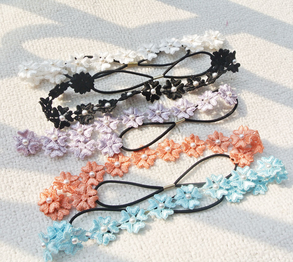 Lace flower white pearls headband 00227