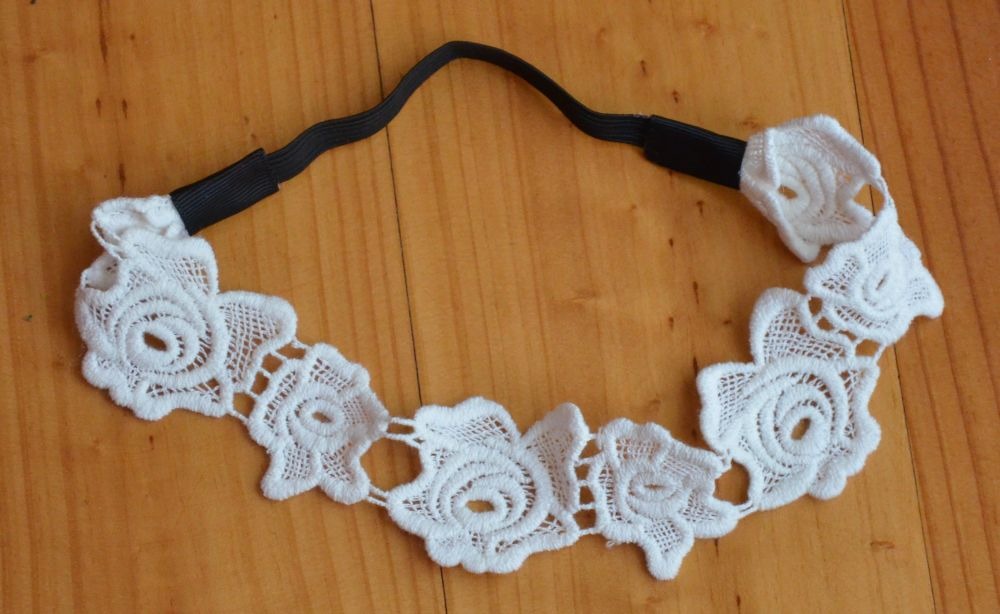 White lace flower elastic headband