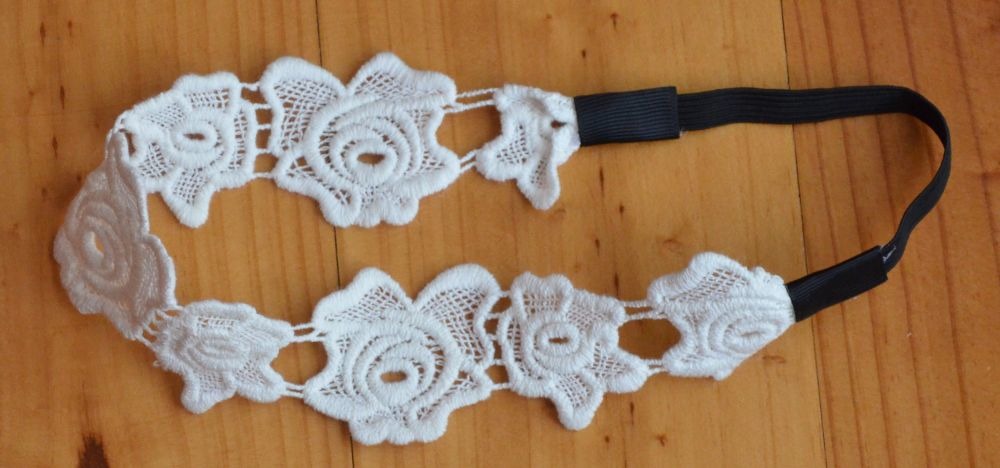 White lace flower elastic headband