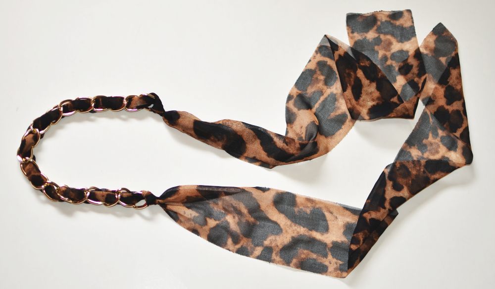 Gold-chain chiffon long ribbon head scarf 00709