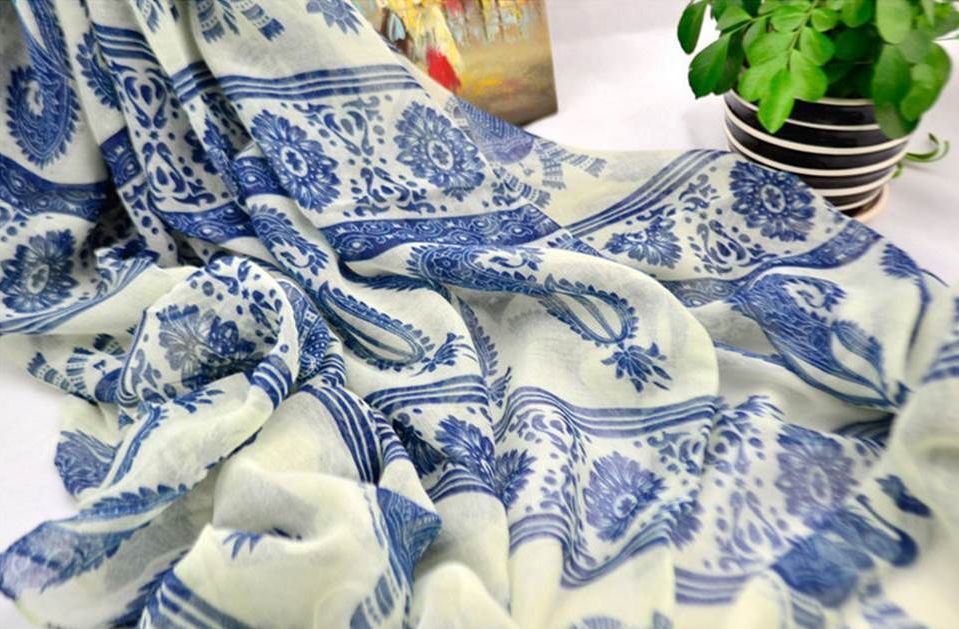 White blue totem flower long scarf