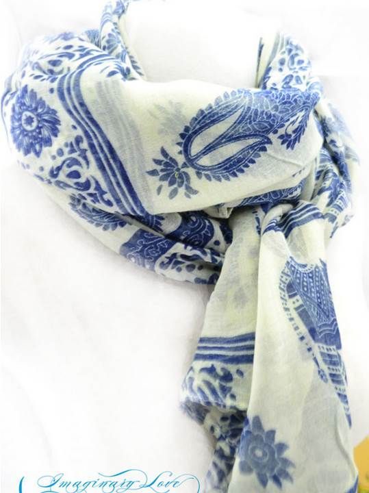 White blue totem flower long scarf