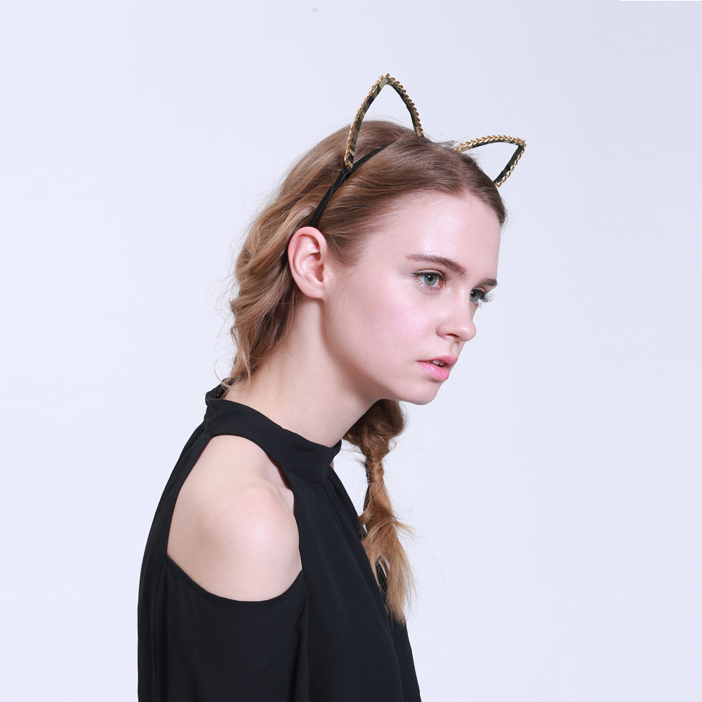 Gold chain large cat ears headband