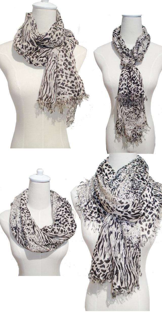 Beige black leopard extra long scarf