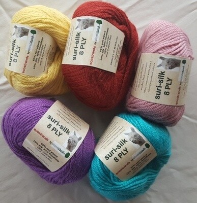 8ply SURI SILK superb baby suri (alpaca), lustrous fine finnsheep, silk blend - bright lemon, rustic, shell pink, lilac, seachange(aqua) in 50g balls AU$11.95 each 8ply SURI SILK superb baby suri (alpaca), lustrous fine finnsheep, silk blend - bright lemon, rustic, shell pink, lilac, seachange(aqua) in 50g balls AU$11.95 each