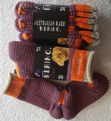 3pair packs Orange/blue Merino Socks - made in Australia, from Australian merino sheep fibre. 3pair packs Orange/blue Merino Socks - made in Australia, from Australian merino sheep fibre.