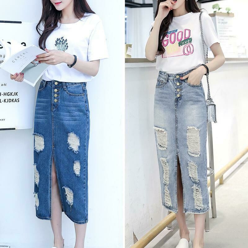 ladies long denim skirt