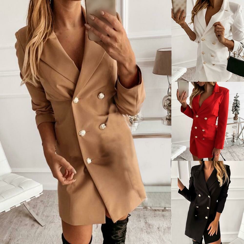 v neck double breasted blazer dress
