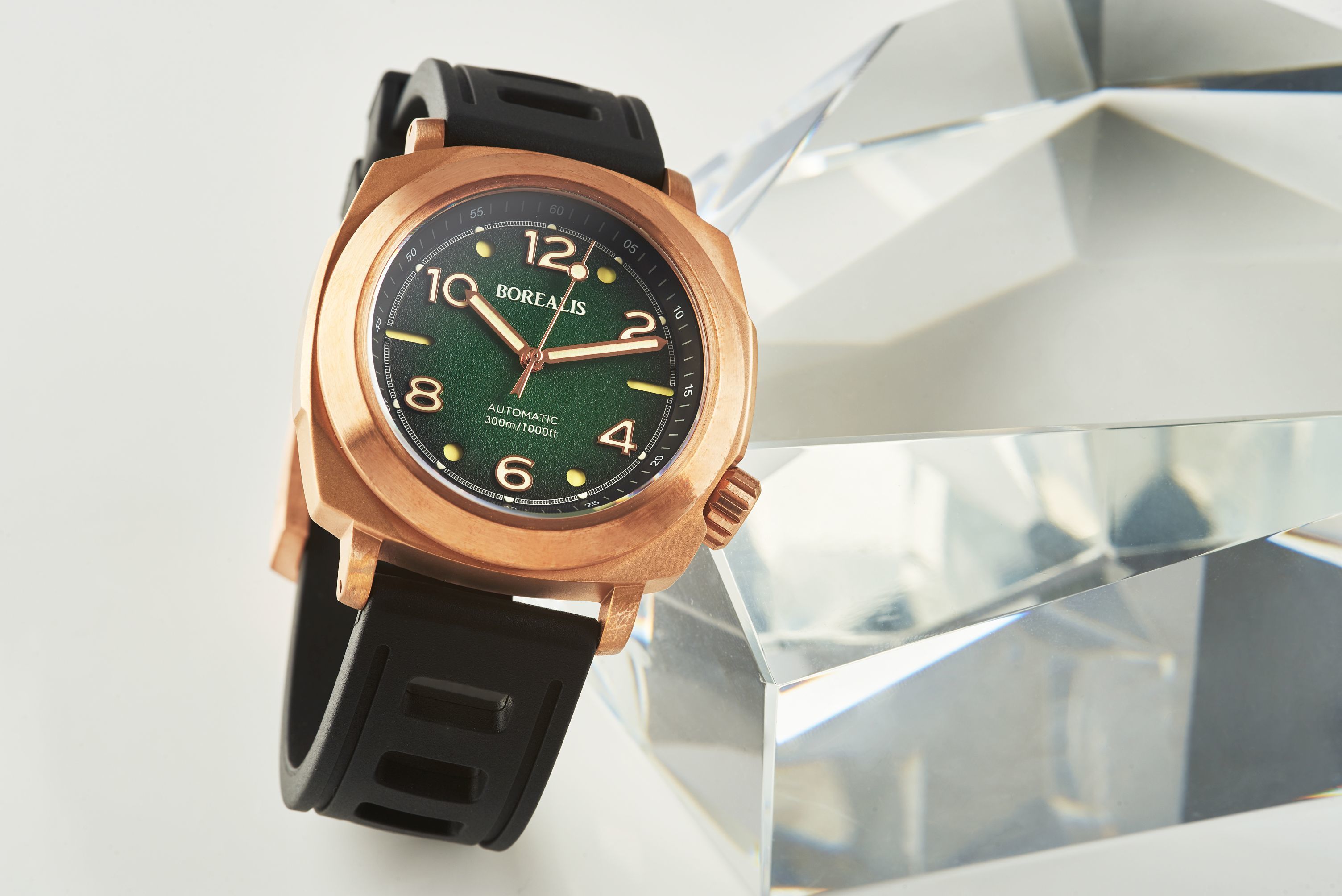 Borealis Navale CuSn8 Bronze 300m Diver Watch Miyota 9015 Fumed Green Version FF Fixed Bezel