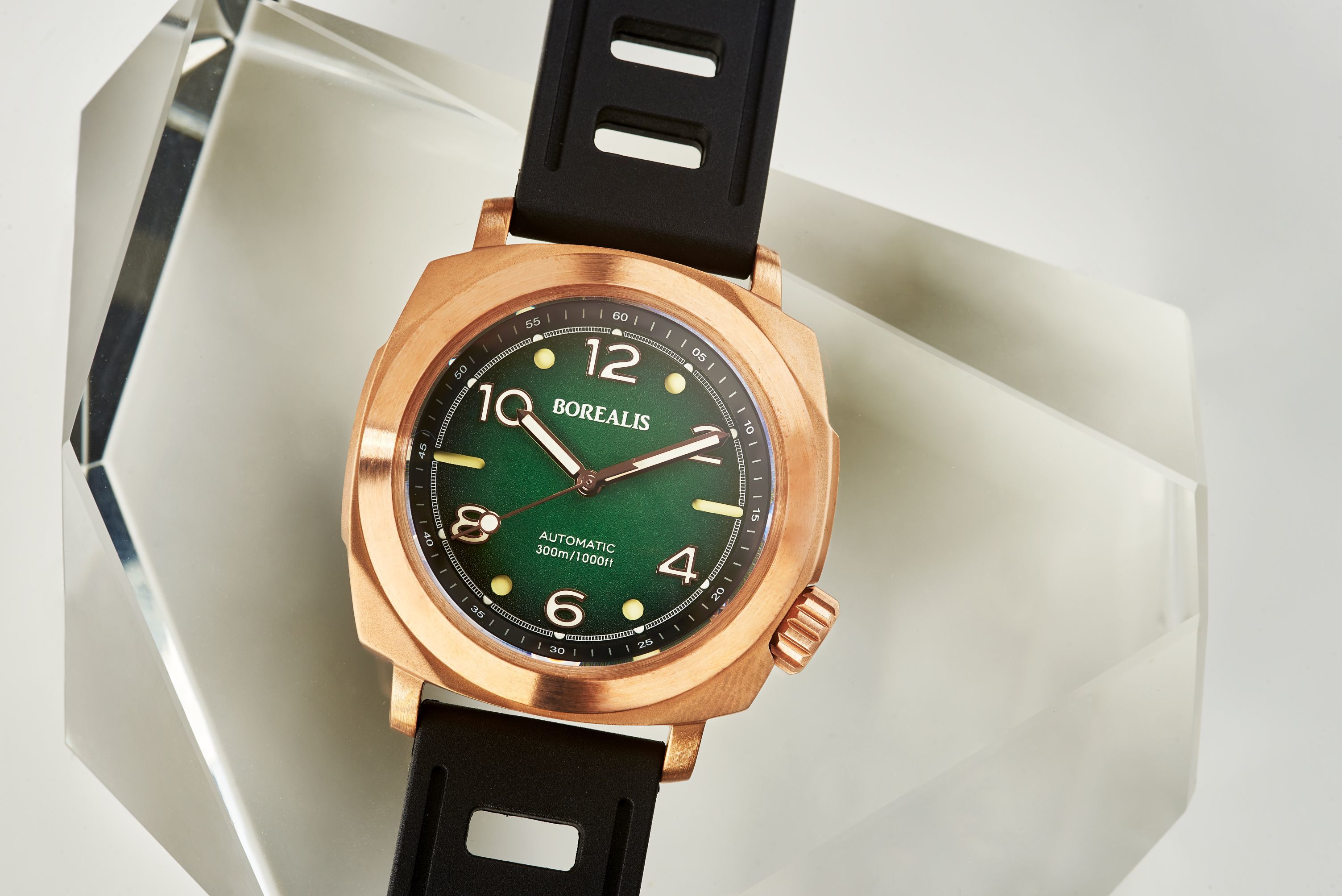 Borealis Navale CuSn8 Bronze 300m Diver Watch Miyota 9015 Fumed Green Version FF Fixed Bezel