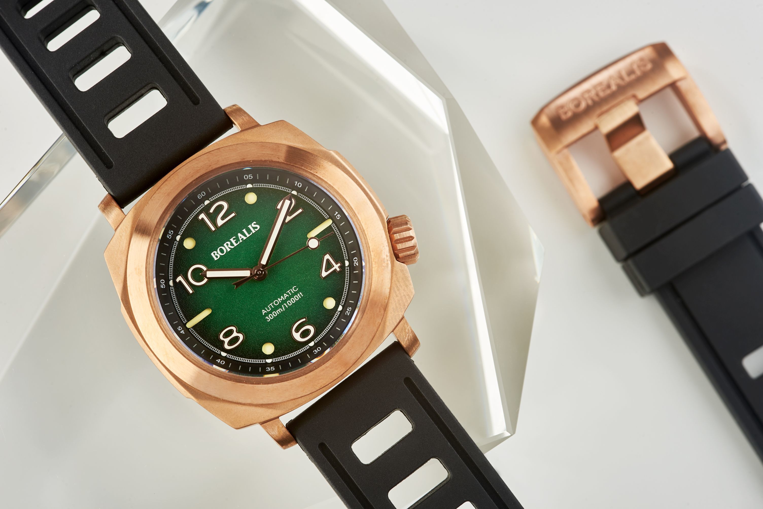 Borealis Navale CuSn8 Bronze 300m Diver Watch Miyota 9015 Fumed Green Version FF Fixed Bezel