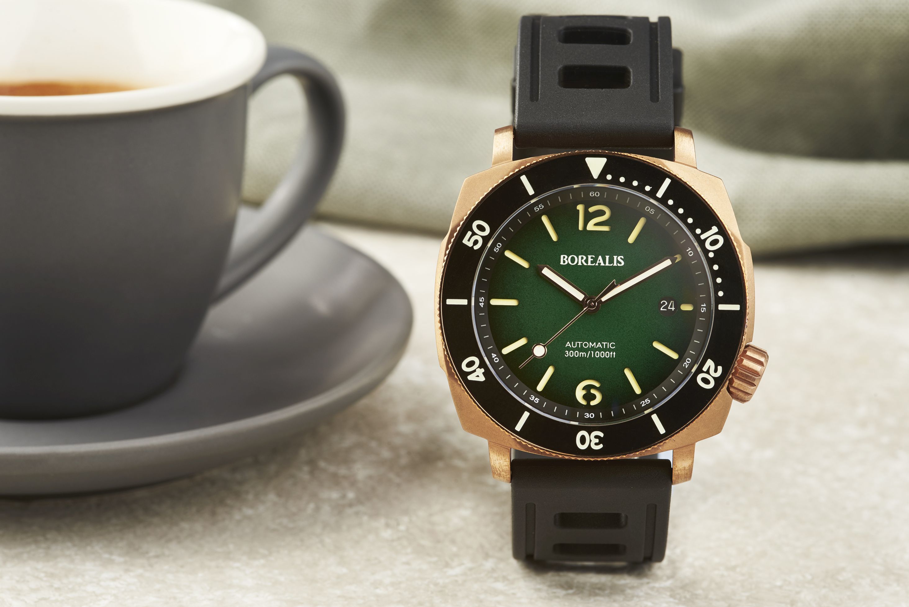 Borealis Navale CuSn8 Bronze 300m Diver Watch Miyota 9015 Green Fumed Dial Version ER Rotating Bezel