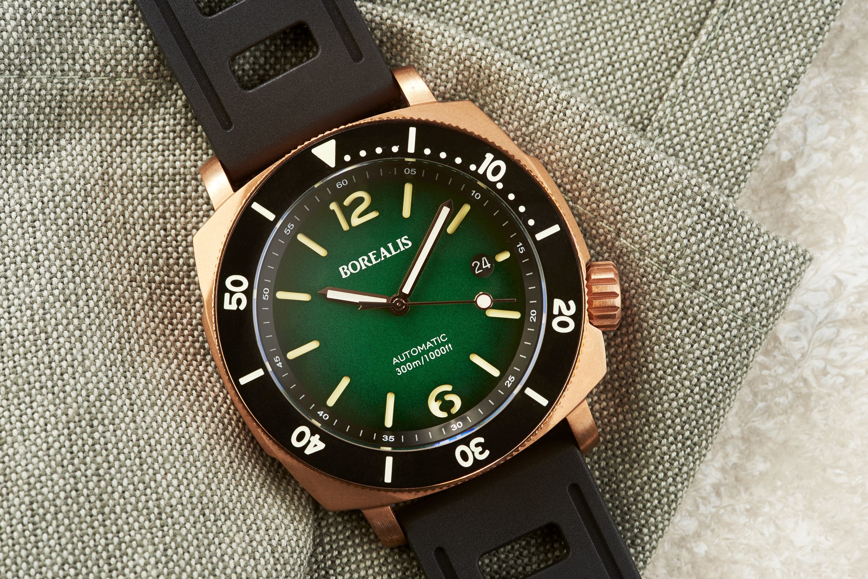 Borealis Navale CuSn8 Bronze 300m Diver Watch Miyota 9015 Green Fumed Dial Version ER Rotating Bezel BNAVALEERGREEN