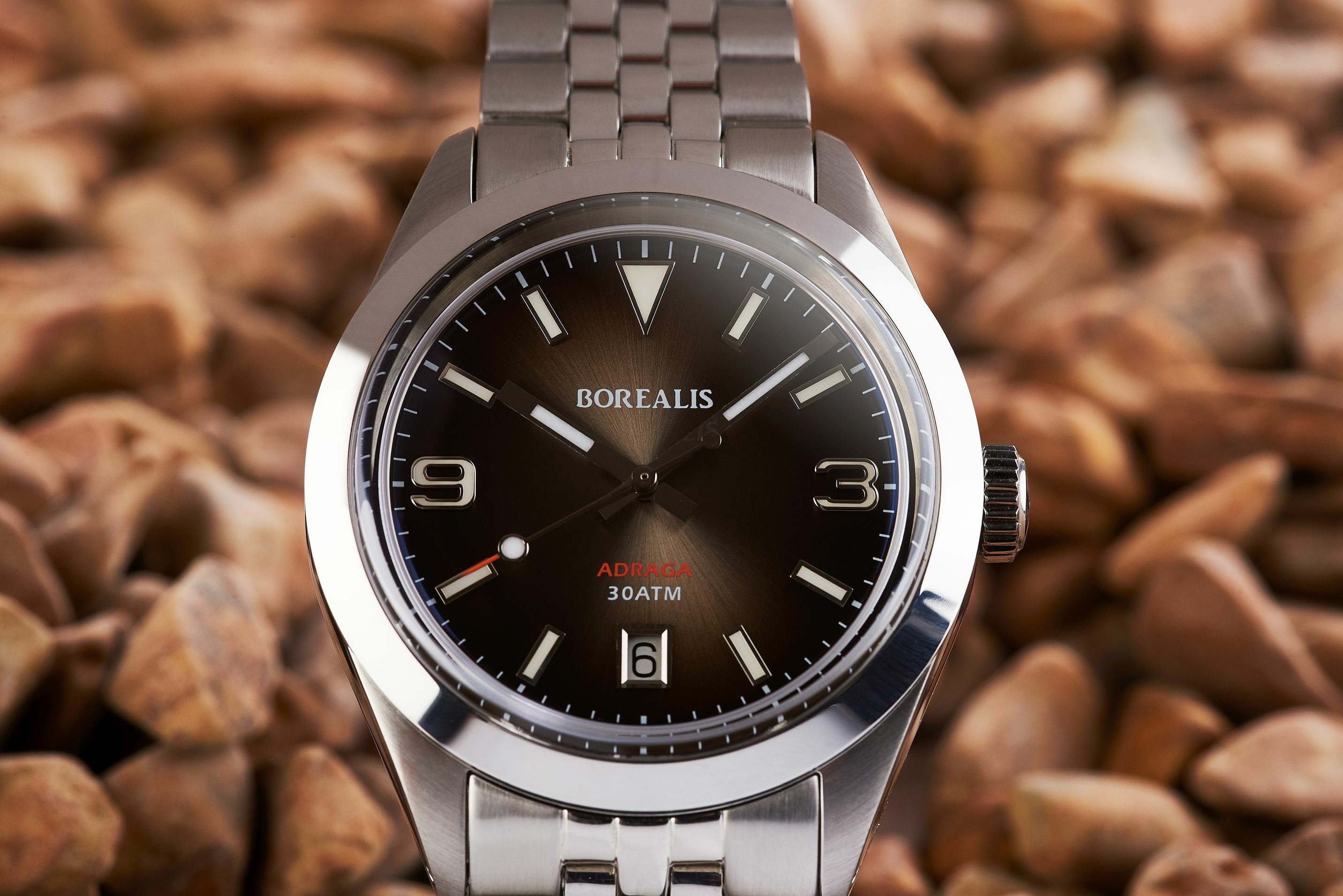 Borealis Adraga Stainless Steel Miyota 9015 fumed brown dial Commando Hands Date BGW9 Lume ADRAGA2AC1