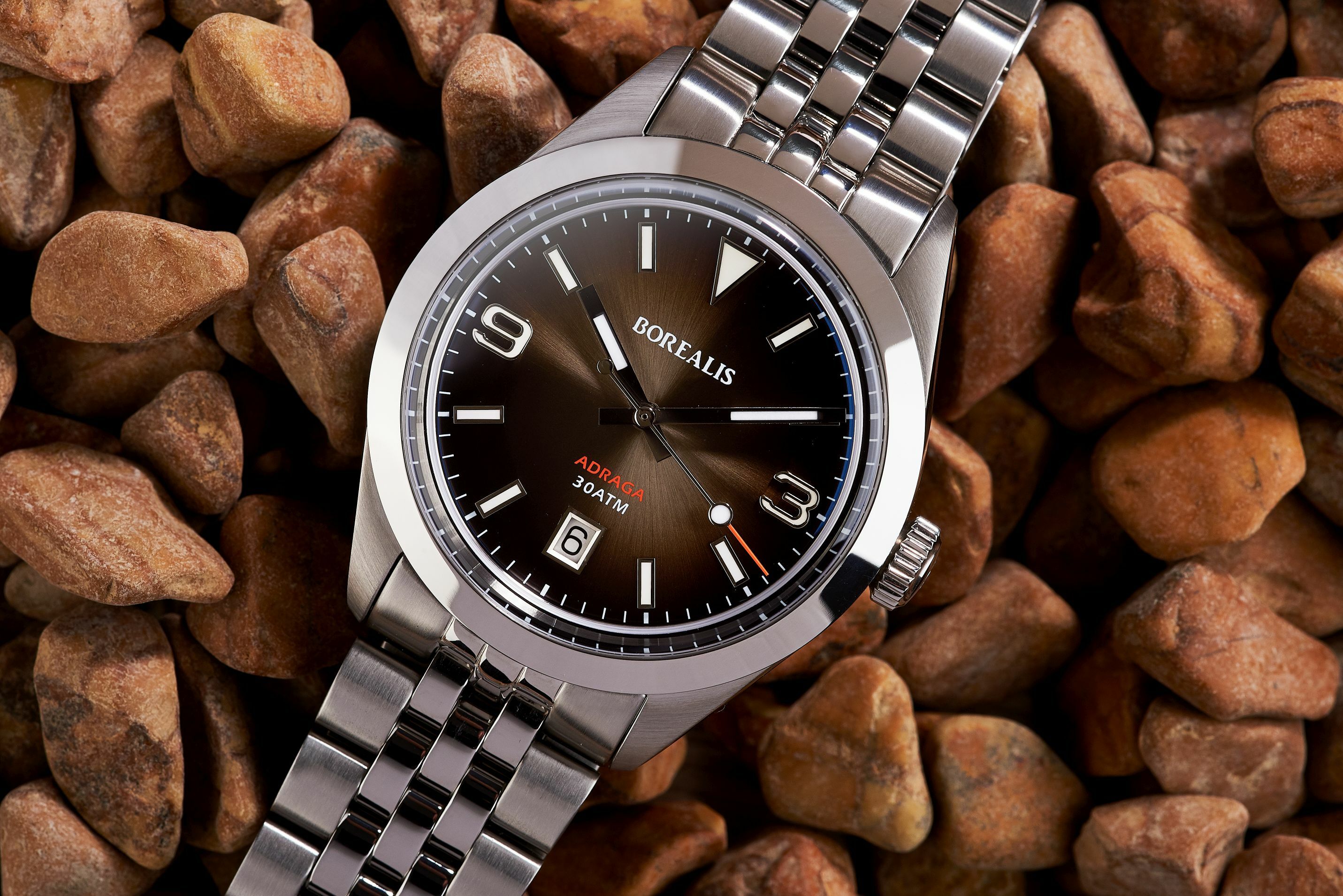 Borealis Adraga Stainless Steel Miyota 9015 fumed brown dial Commando Hands Date BGW9 Lume