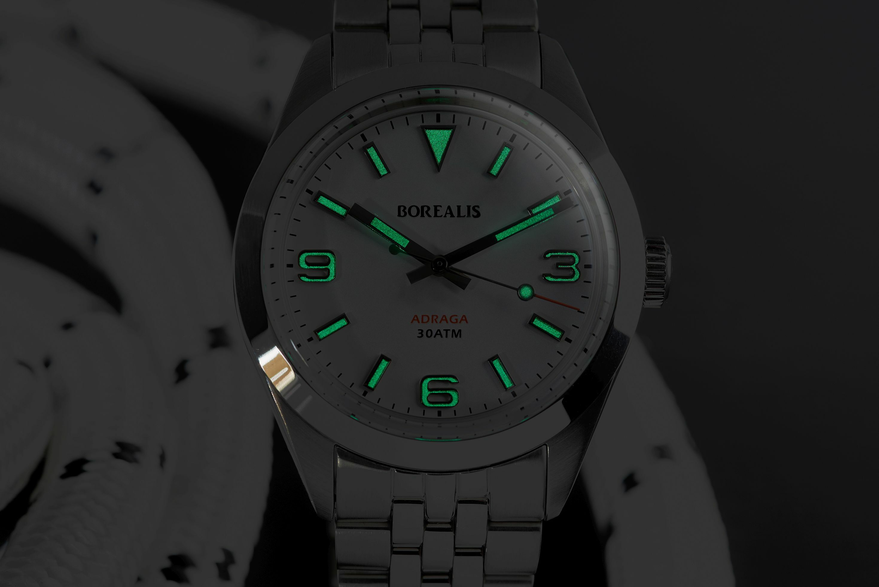 Borealis Adraga Stainless Steel Miyota 9015 white matte dial Commando Hands Black Lume