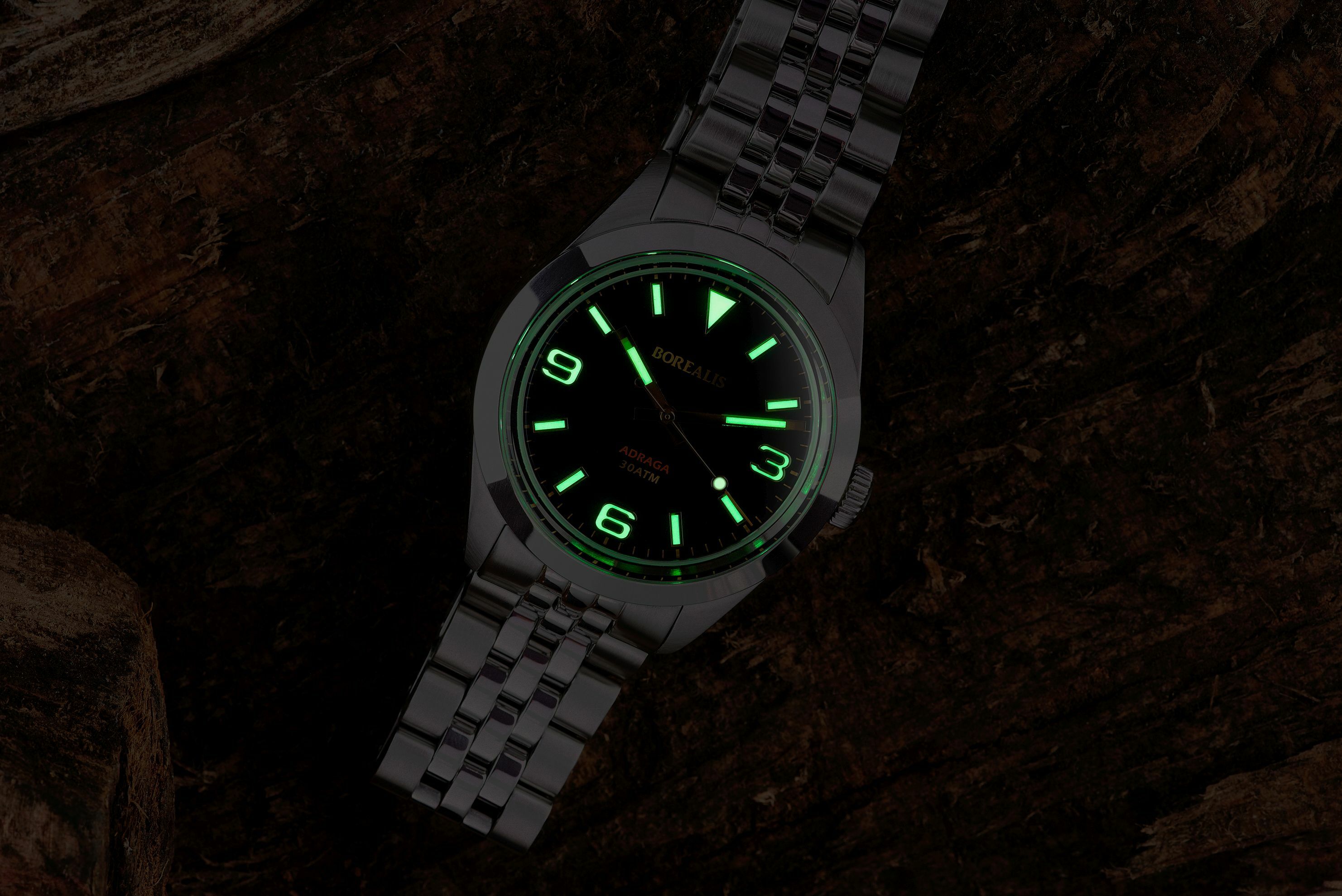 Borealis Adraga Stainless Steel Miyota 90S5 black dial Commando Hands No Date Old Radium X1 Lume