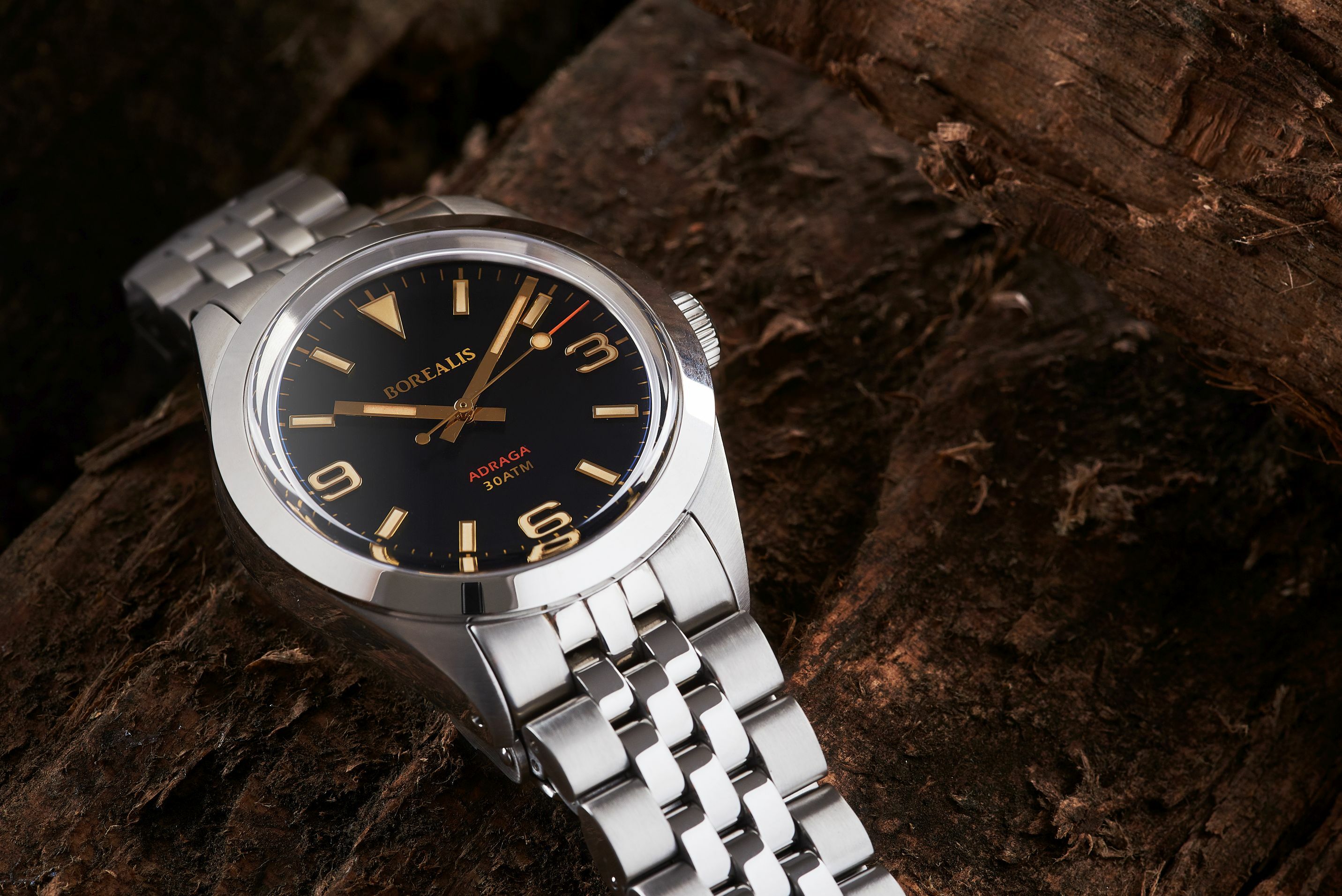 Borealis Adraga Stainless Steel Miyota 90S5 black dial Commando Hands No Date Old Radium X1 Lume