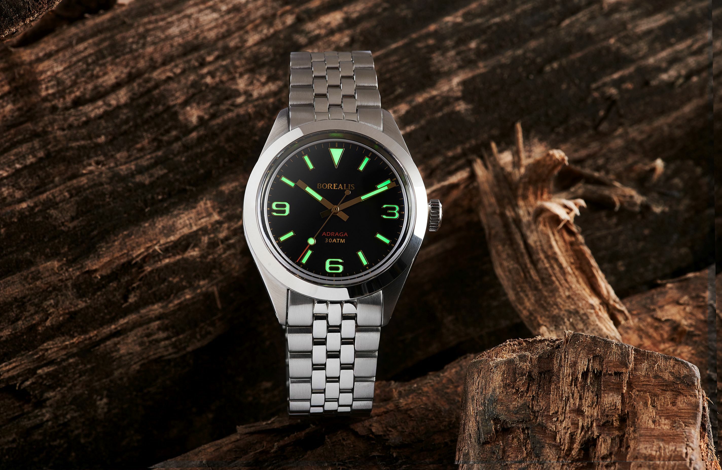 Borealis Adraga Stainless Steel Miyota 90S5 black dial Commando Hands No Date Old Radium X1 Lume