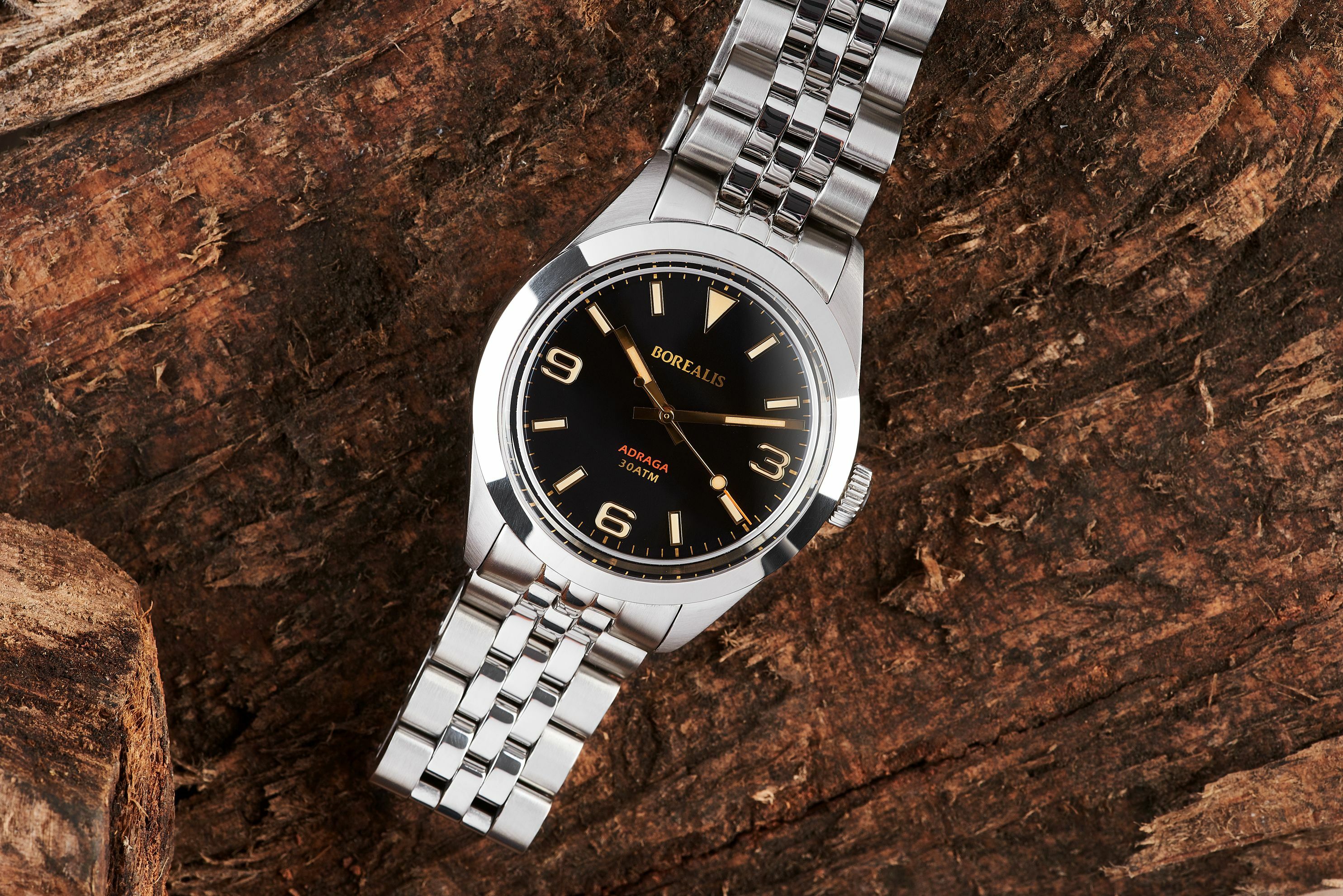 Borealis Adraga Stainless Steel Miyota 90S5 black dial Commando Hands No Date Old Radium X1 Lume