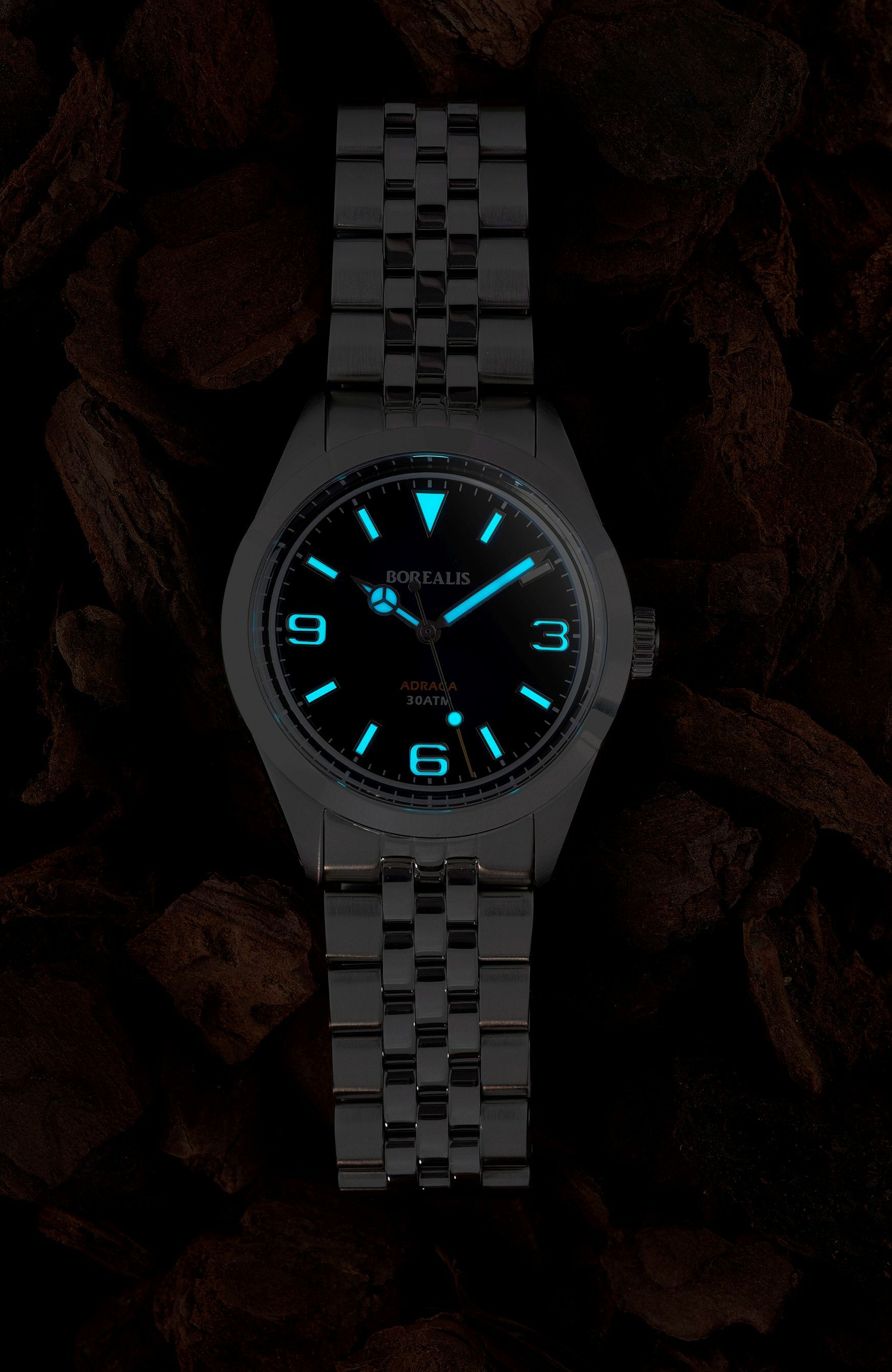 Borealis Adraga Stainless Steel Miyota 9015 fumed blue dial Mercedes Hands No Date BGW9 lume