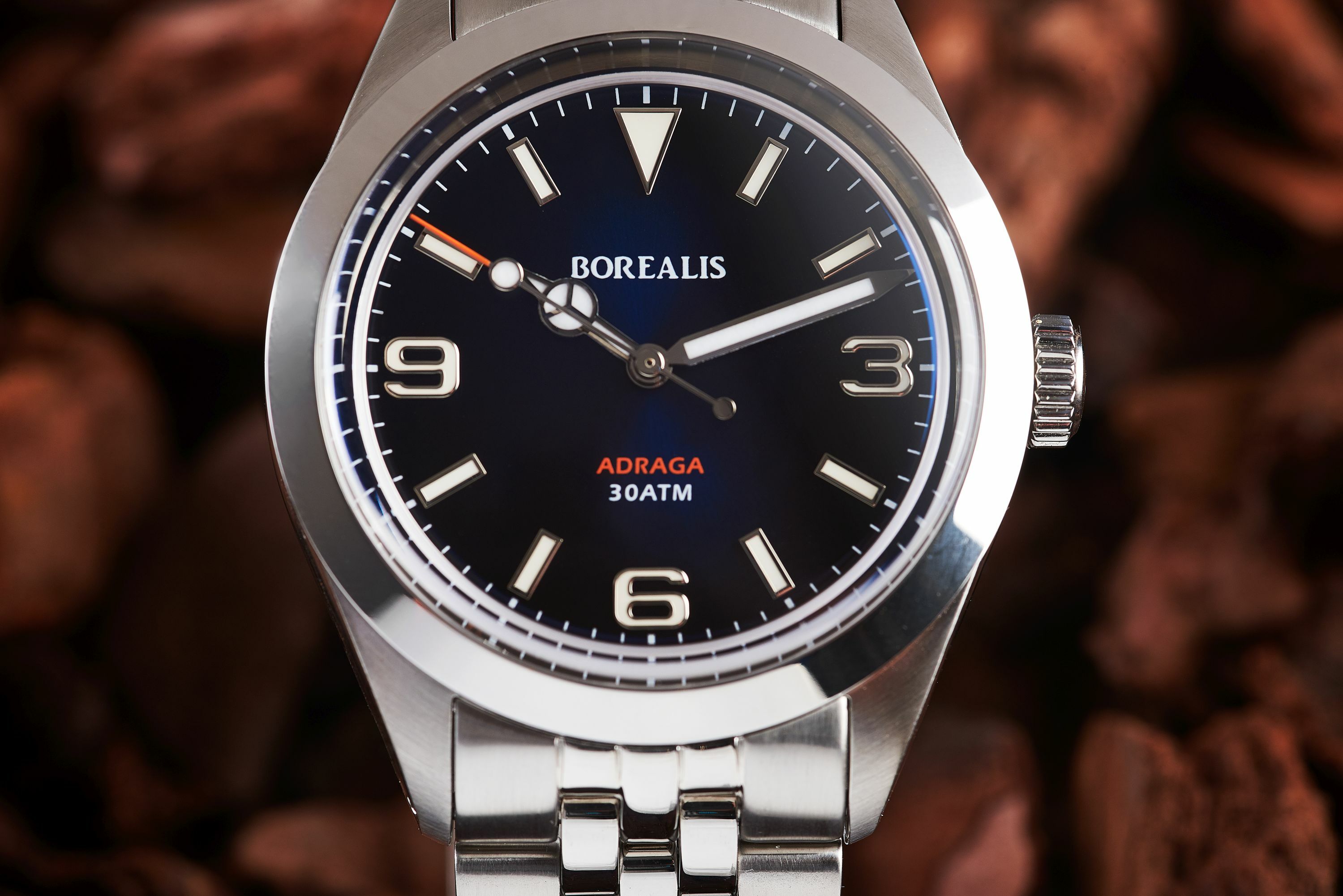 Borealis Adraga Stainless Steel Miyota 9015 fumed blue dial Mercedes Hands No Date BGW9 lume