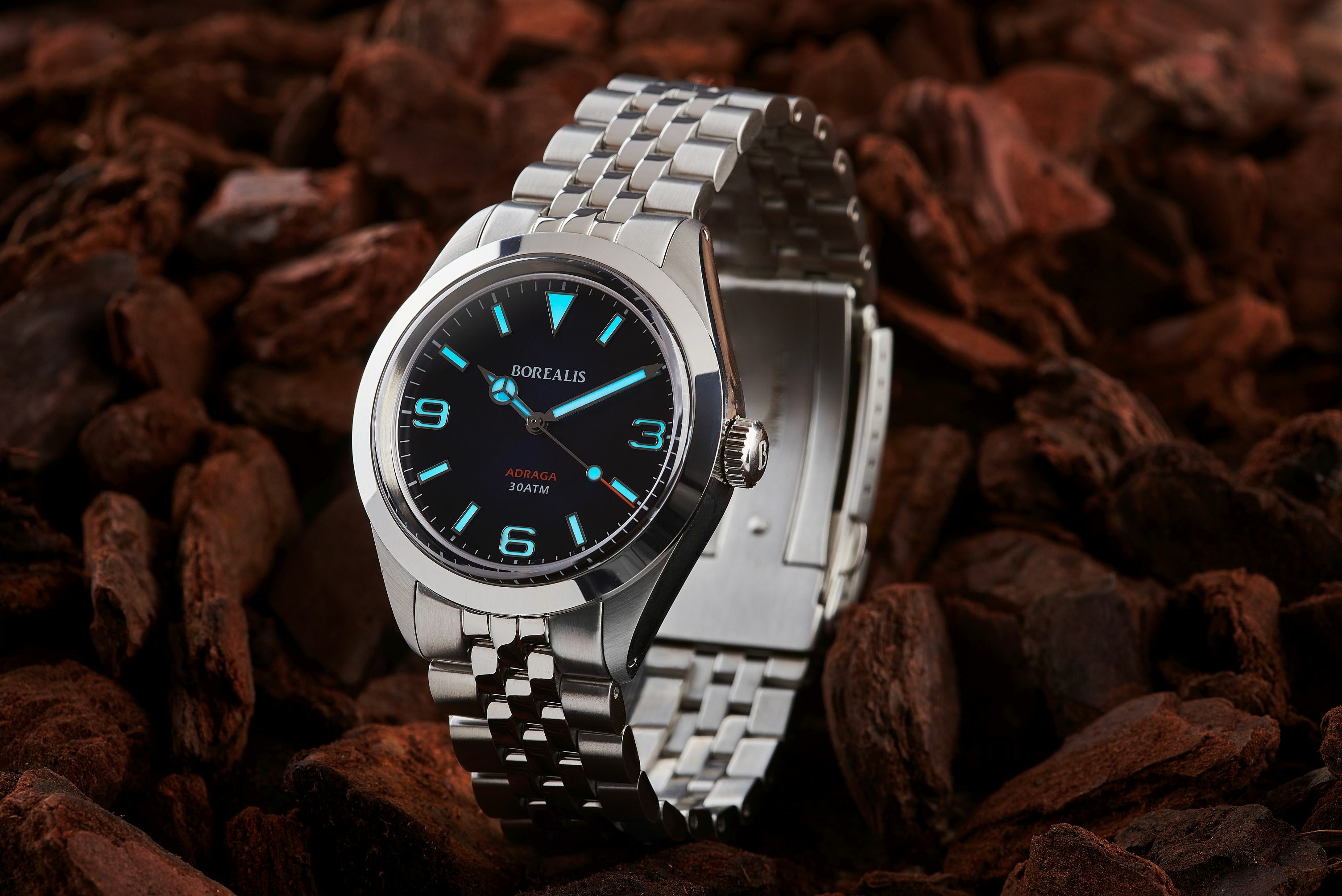 Borealis Adraga Stainless Steel Miyota 9015 fumed blue dial Mercedes Hands No Date BGW9 lume