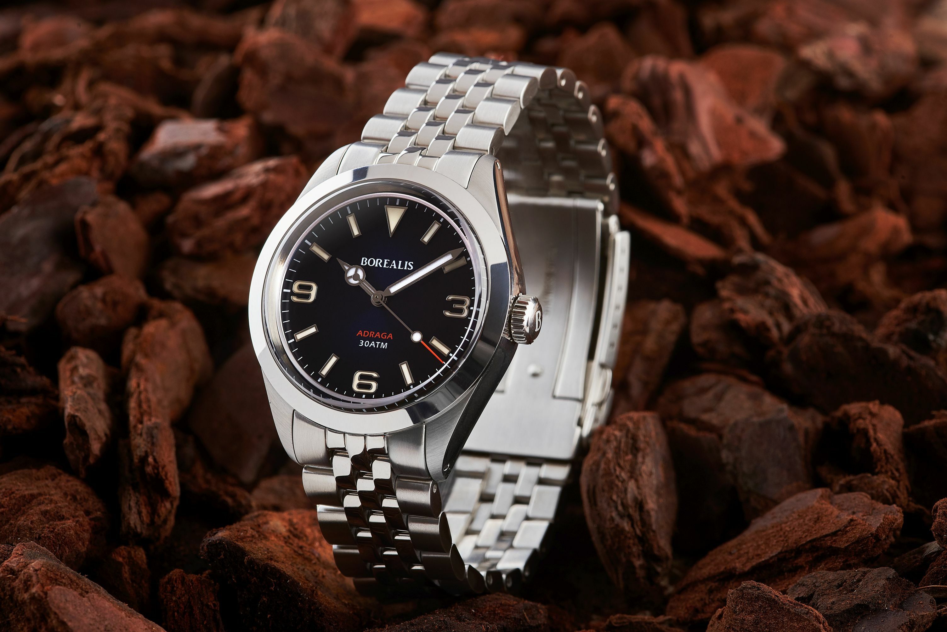 Borealis Adraga Stainless Steel Miyota 9015 fumed blue dial Mercedes Hands No Date BGW9 lume