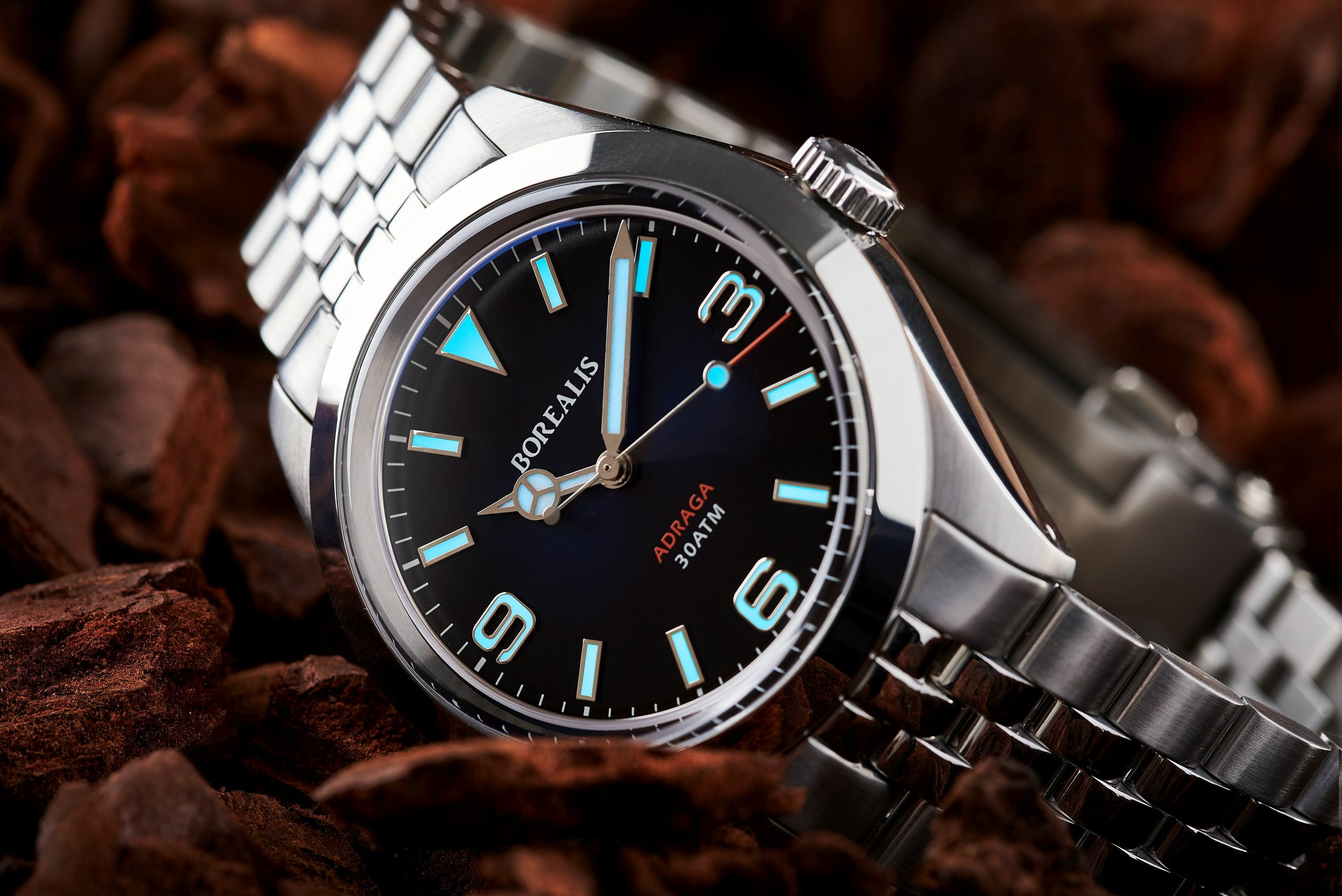 Borealis Adraga Stainless Steel Miyota 9015 fumed blue dial Mercedes Hands No Date BGW9 lume
