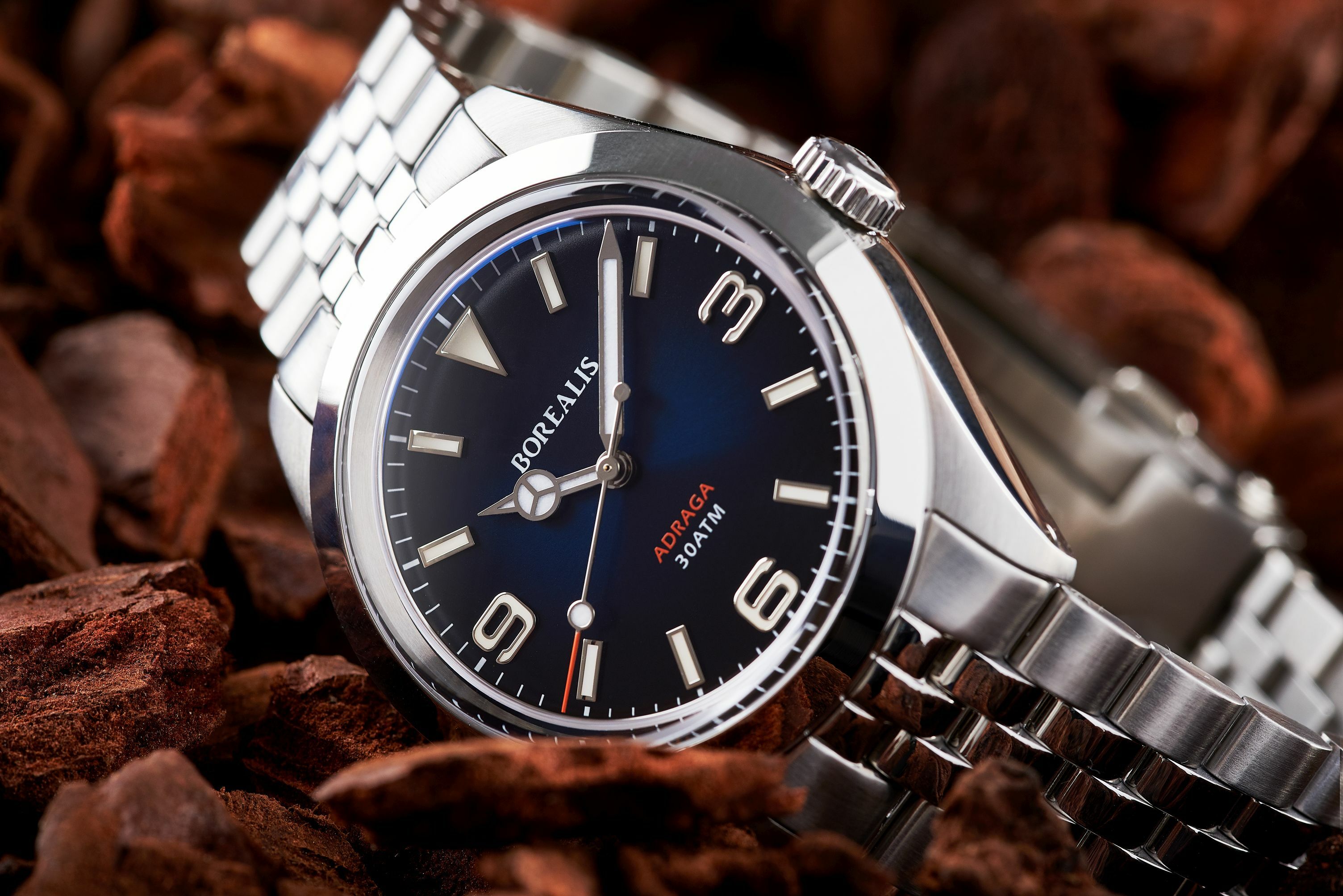 Borealis Adraga Stainless Steel Miyota 9015 fumed blue dial Mercedes Hands No Date BGW9 lume ADRAGA2BD