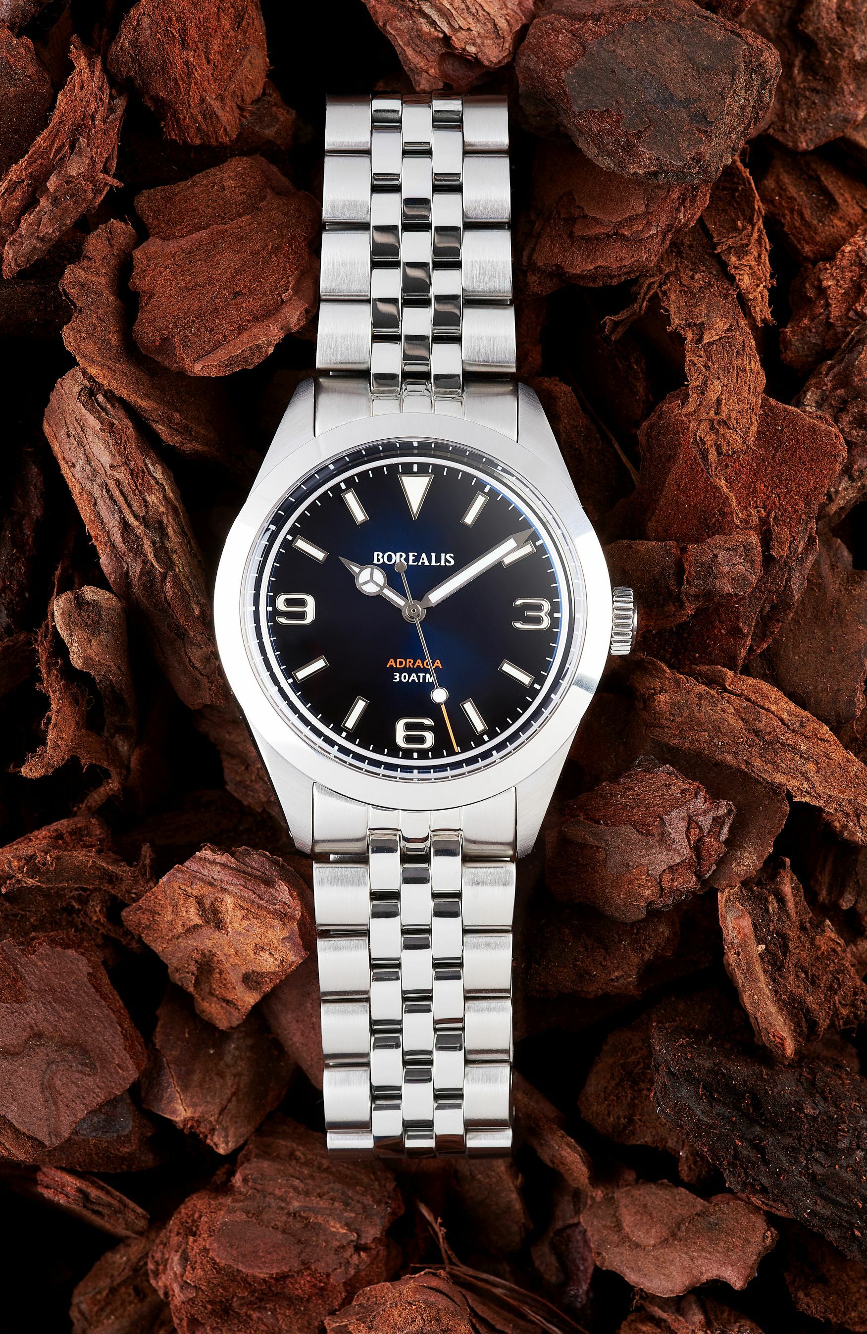 Borealis Adraga Stainless Steel Miyota 9015 fumed blue dial Mercedes Hands No Date BGW9 lume