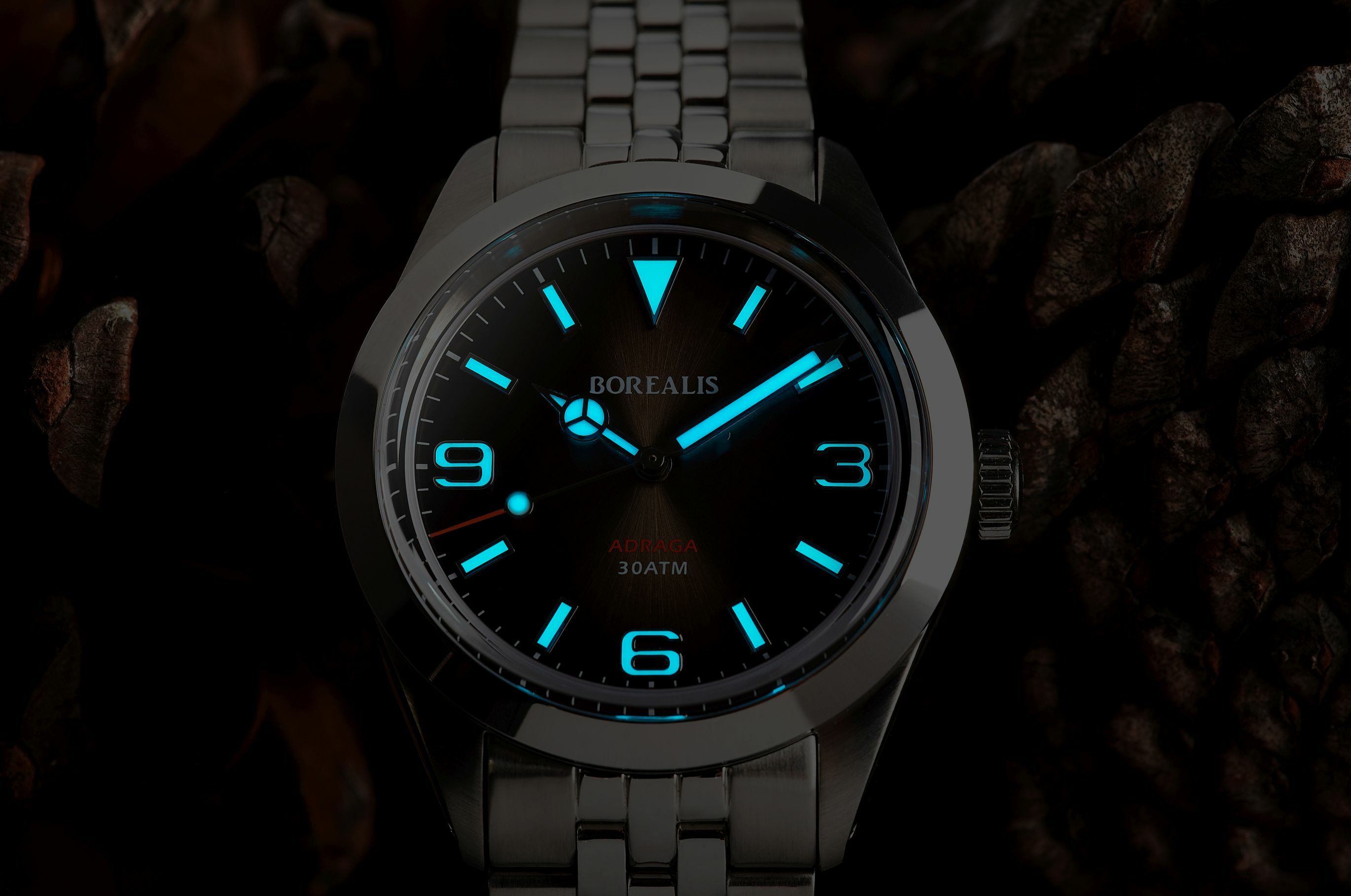 Borealis Adraga Stainless Steel Miyota 90S5 fumed brown dial Mercedes Hands No Date BGW9 lume