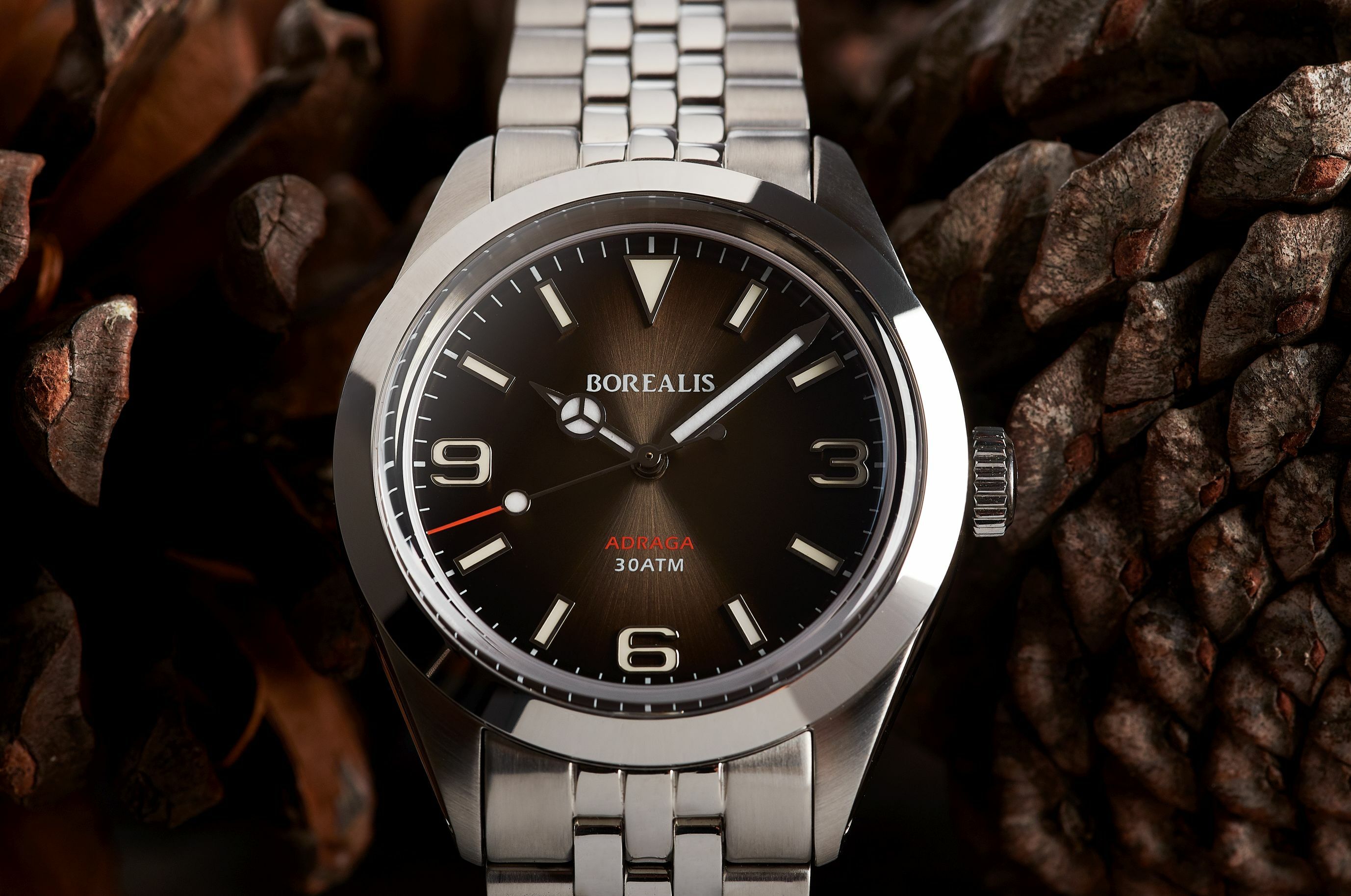Borealis Adraga Stainless Steel Miyota 90S5 fumed brown dial Mercedes Hands No Date BGW9 lume ADRAGA2BC