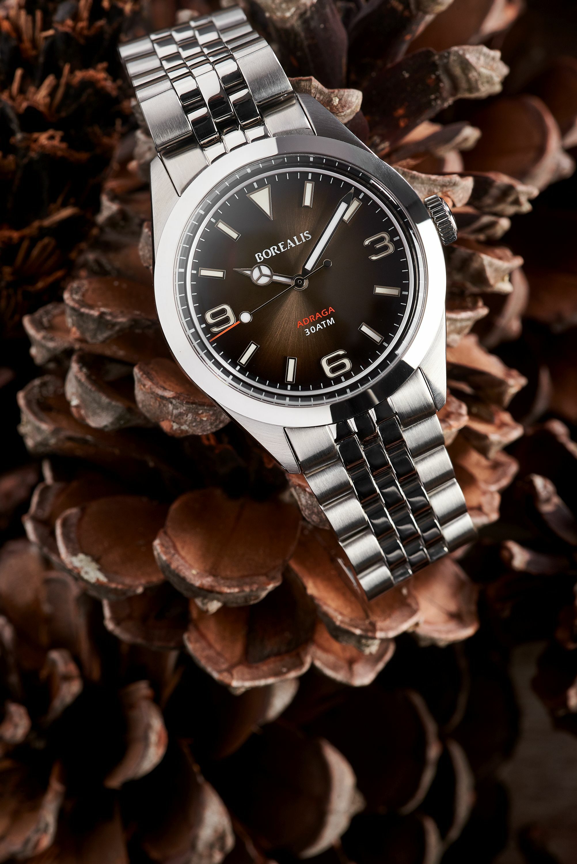 Borealis Adraga Stainless Steel Miyota 90S5 fumed brown dial Mercedes Hands No Date BGW9 lume