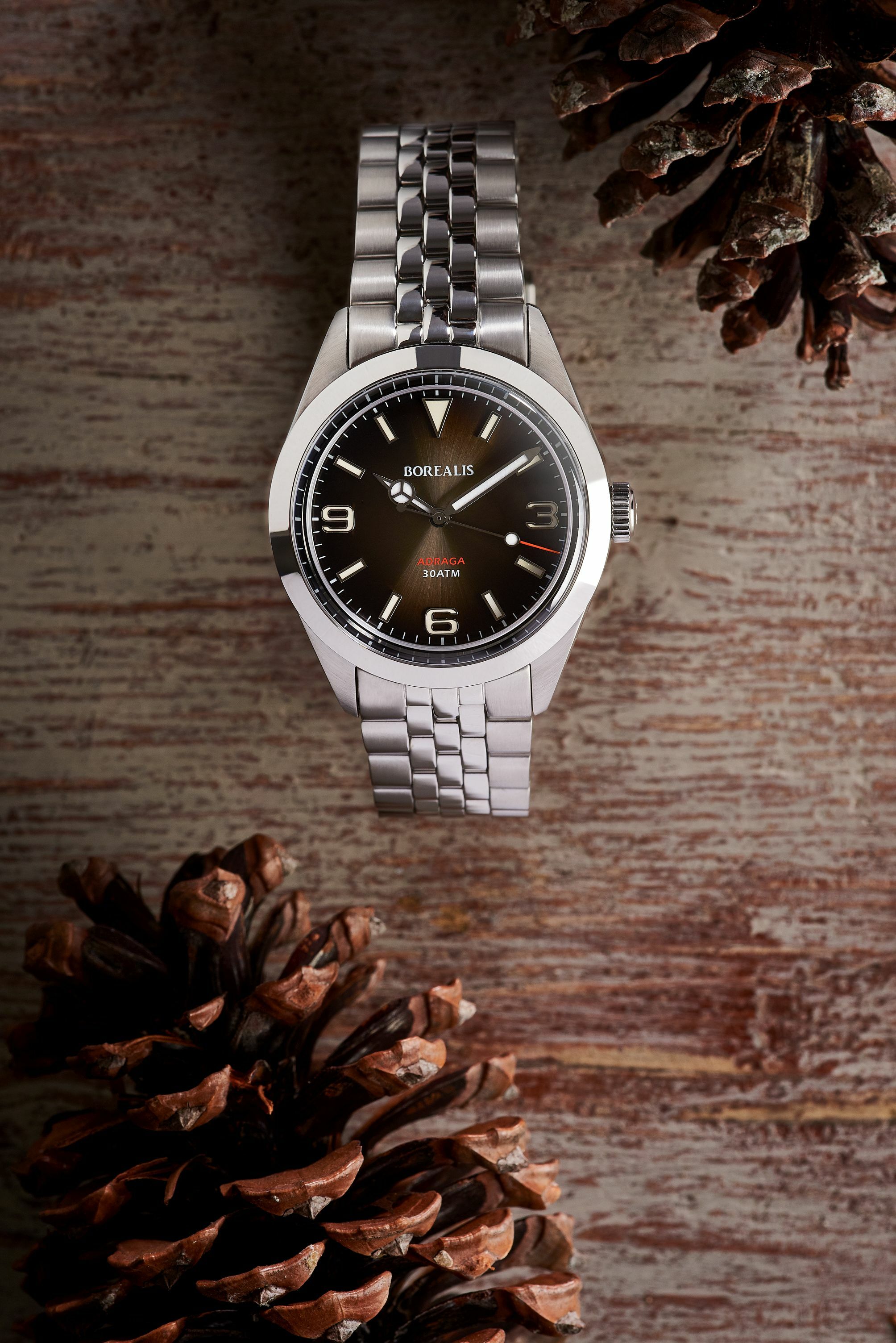 Borealis Adraga Stainless Steel Miyota 90S5 fumed brown dial Mercedes Hands No Date BGW9 lume
