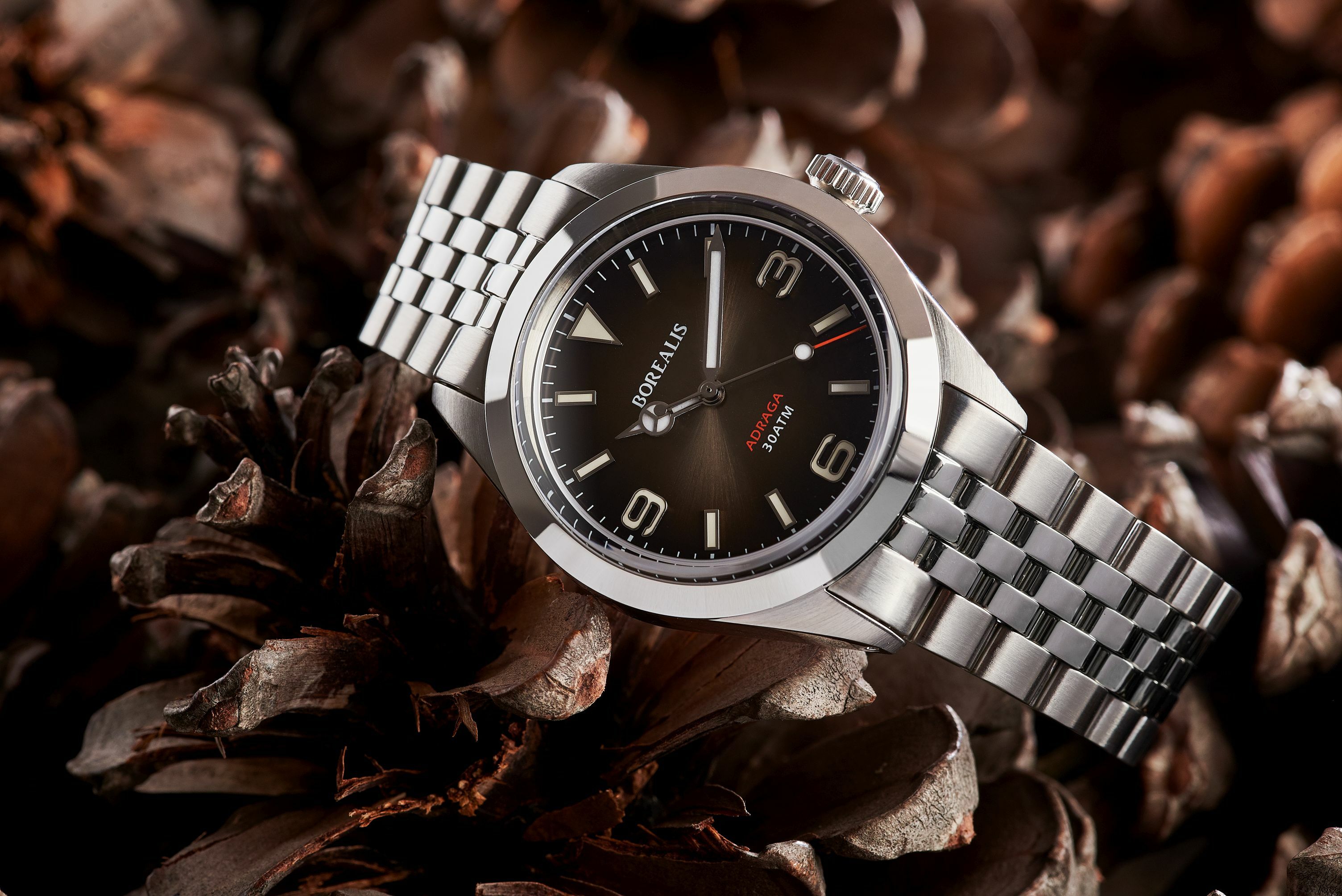Borealis Adraga Stainless Steel Miyota 90S5 fumed brown dial Mercedes Hands No Date BGW9 lume