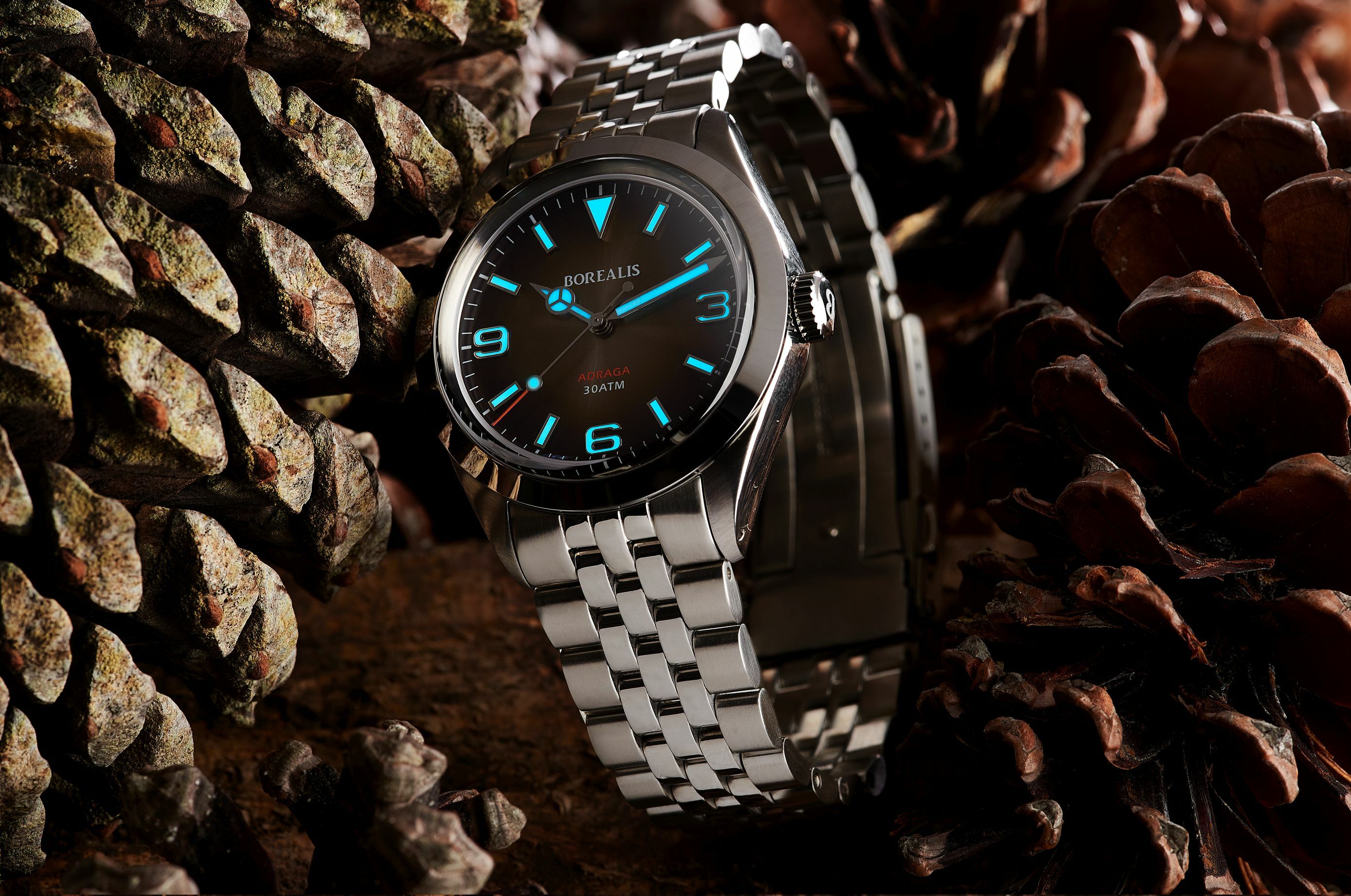 Borealis Adraga Stainless Steel Miyota 90S5 fumed brown dial Mercedes Hands No Date BGW9 lume