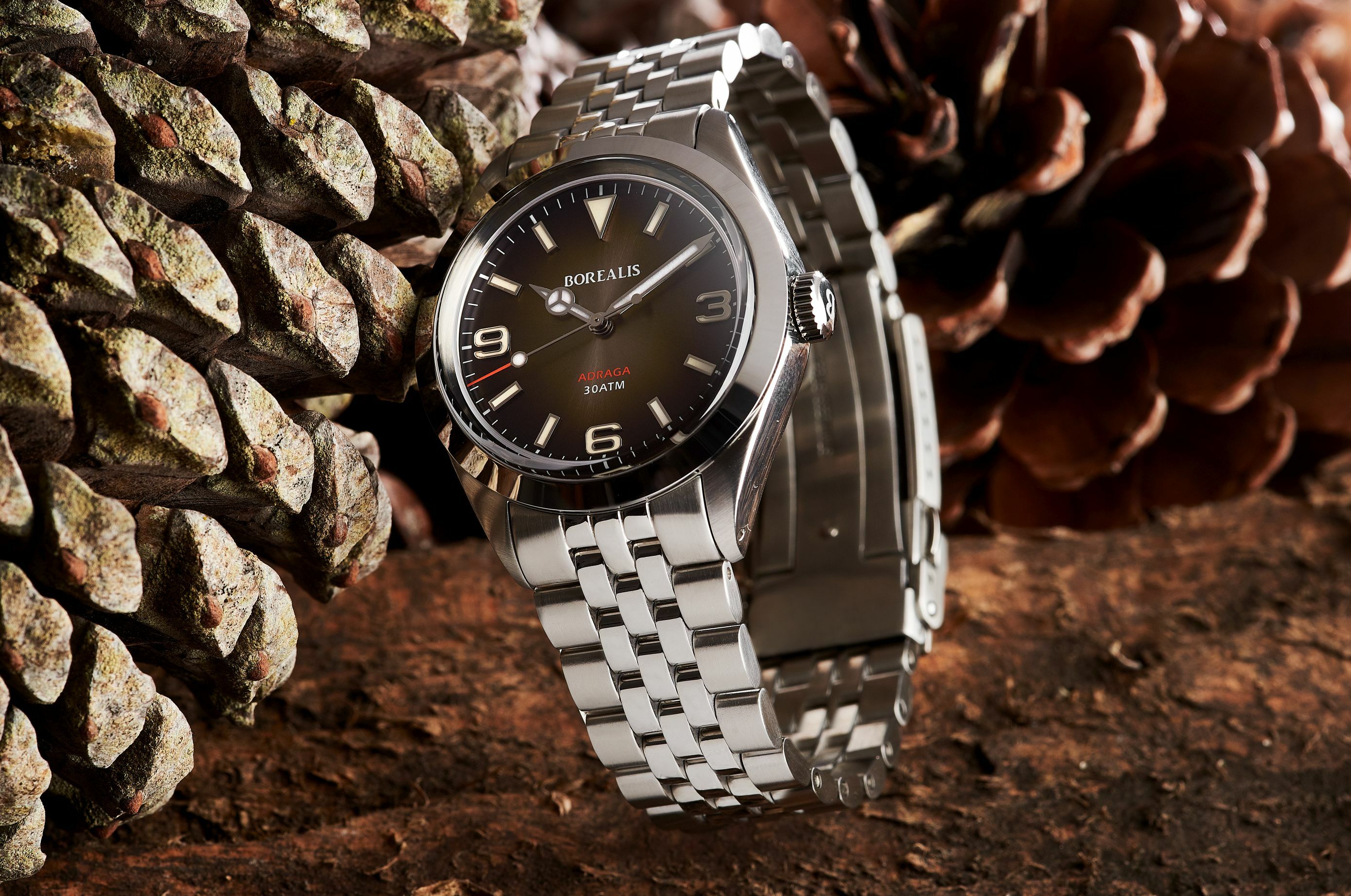 Borealis Adraga Stainless Steel Miyota 90S5 fumed brown dial Mercedes Hands No Date BGW9 lume