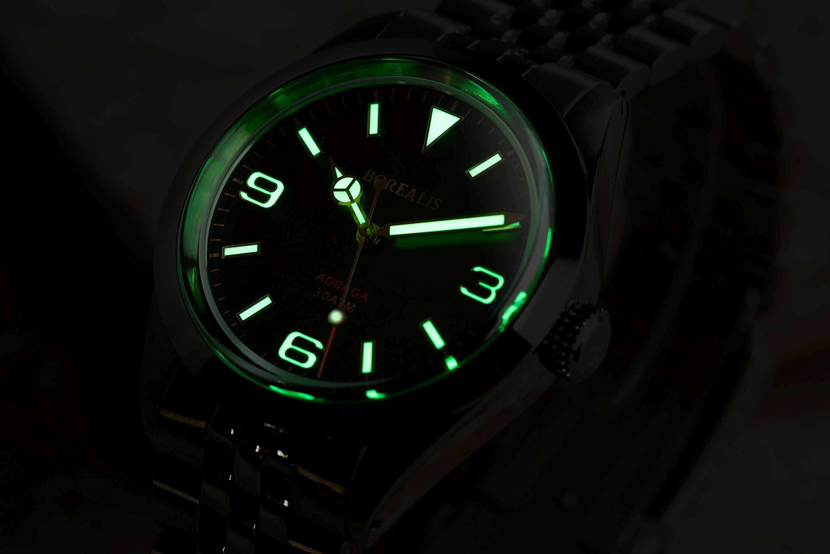 Borealis Adraga Stainless Steel Miyota 9015 black dial Mercedes Hands No Date Old Radium X1 lume