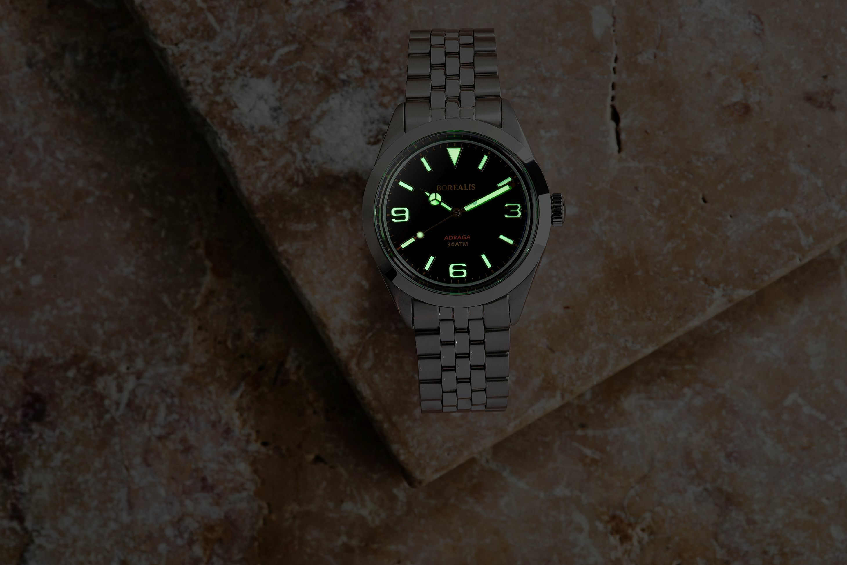Borealis Adraga Stainless Steel Miyota 9015 black dial Mercedes Hands No Date Old Radium X1 lume