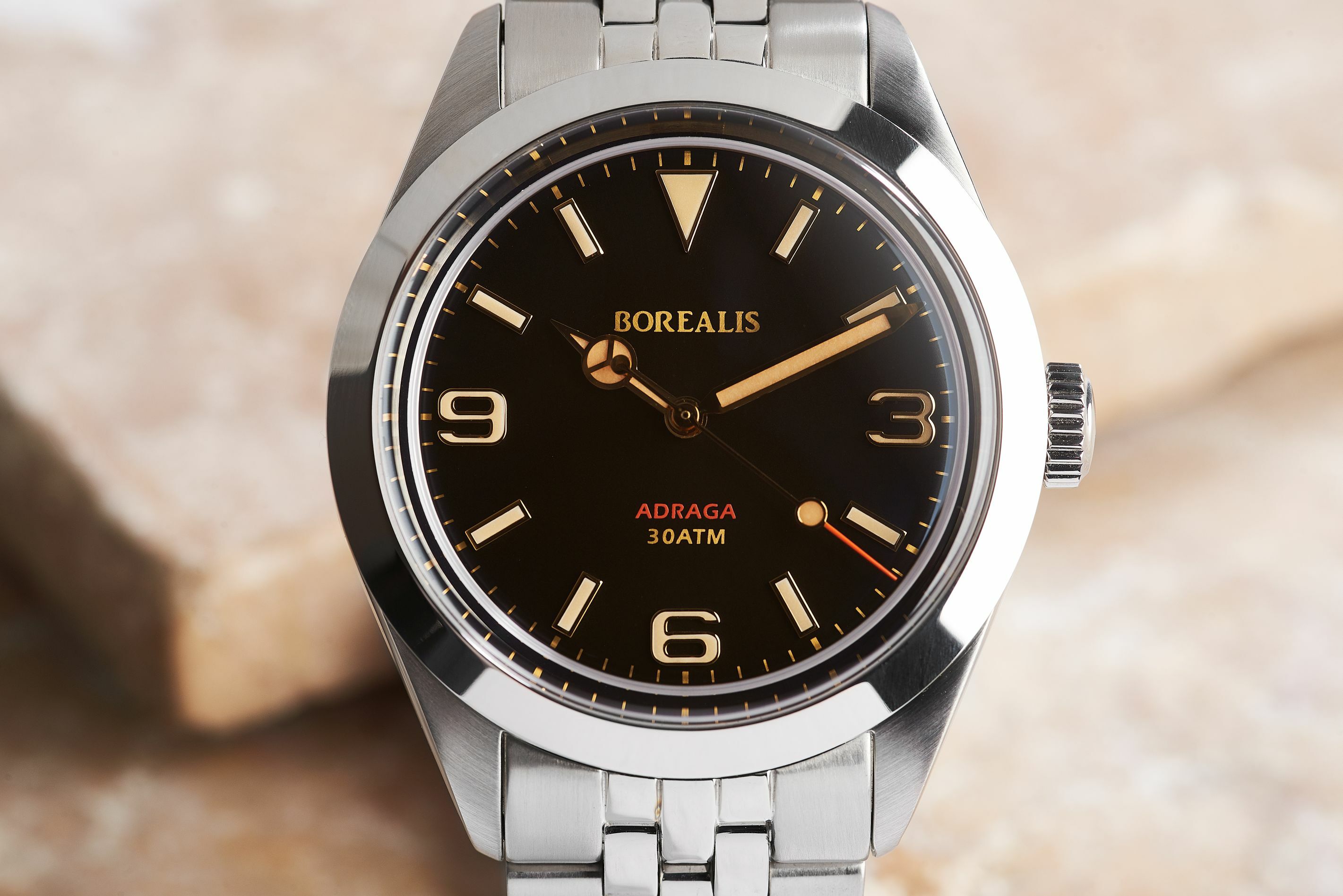 Borealis Adraga Stainless Steel Miyota 9015 black dial Mercedes Hands No Date Old Radium X1 lume ADRAGA2BB