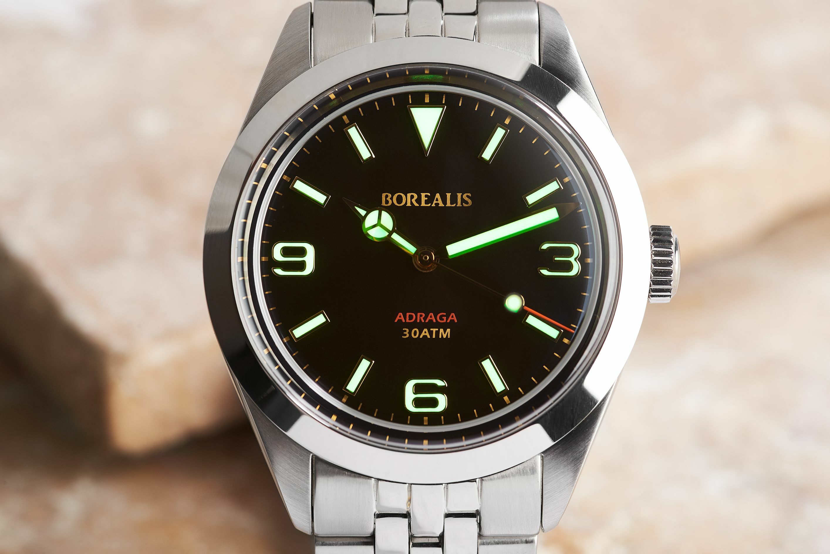 Borealis Adraga Stainless Steel Miyota 9015 black dial Mercedes Hands No Date Old Radium X1 lume