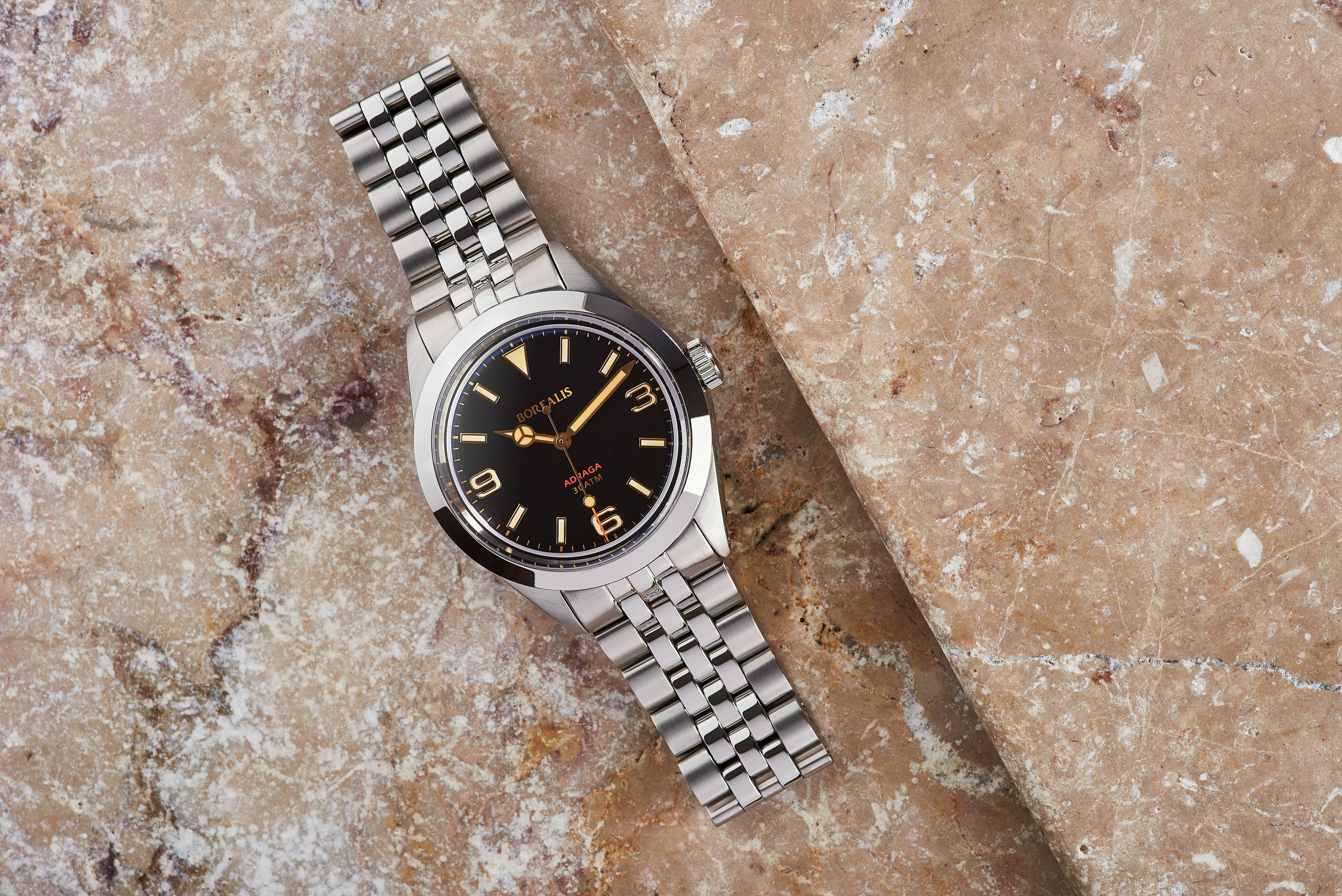 Borealis Adraga Stainless Steel Miyota 9015 black dial Mercedes Hands No Date Old Radium X1 lume
