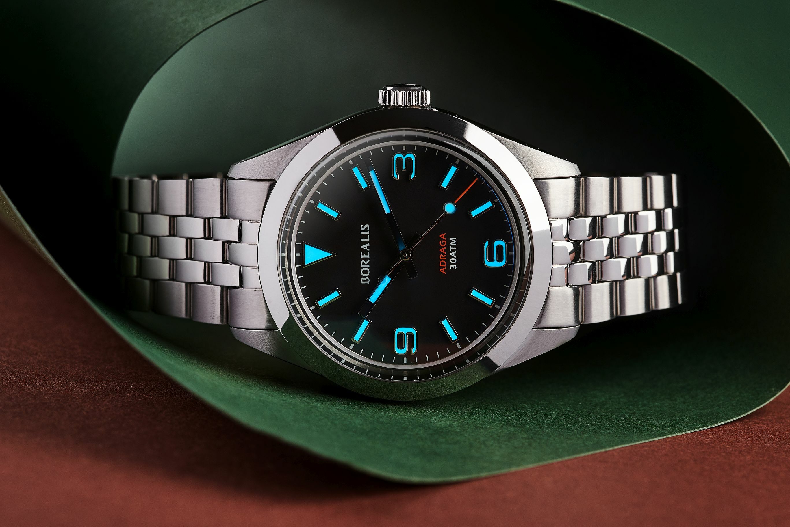 Borealis Adraga Stainless Steel Miyota 9015 black dial Commando Hands no Date BGW9 Lume