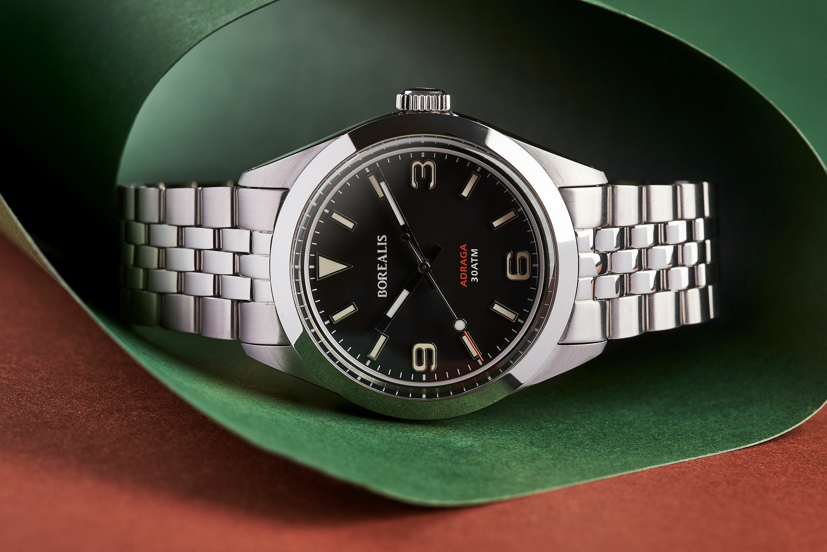 Borealis Adraga Stainless Steel Miyota 9015 black dial Commando Hands no Date BGW9 Lume