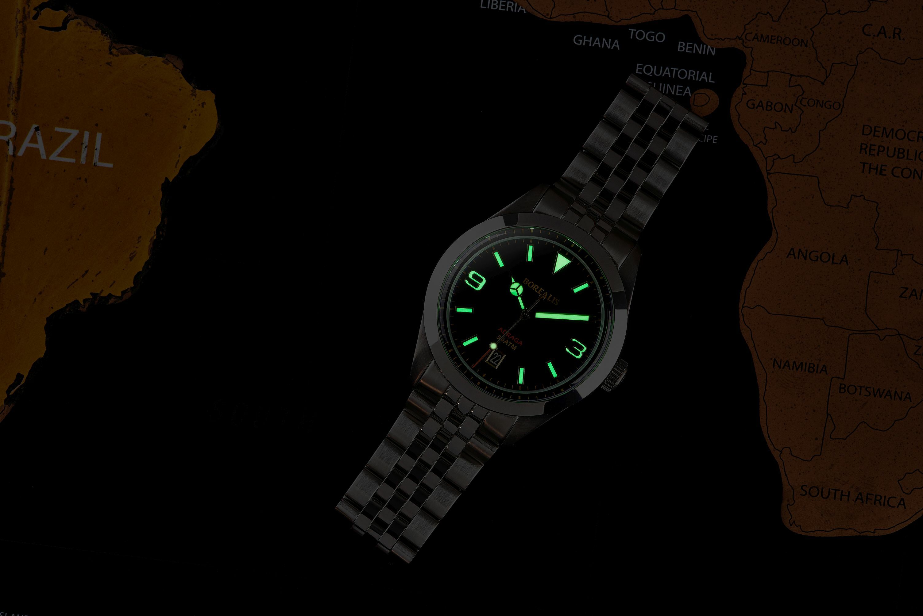 Borealis Adraga Stainless Steel Miyota 9015 fumed brown dial Mercedes Hands Date Old Radium X1 lume