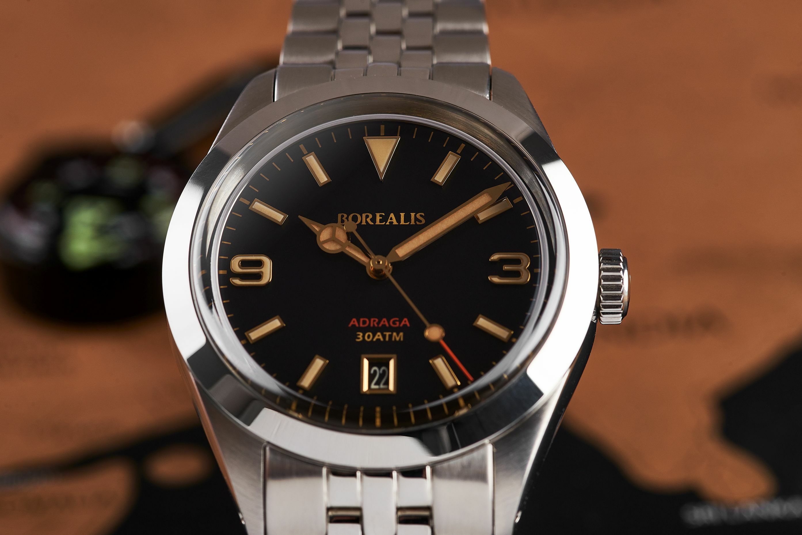 Borealis Adraga Stainless Steel Miyota 9015 fumed brown dial Mercedes Hands Date Old Radium X1 lume ADRAGA2BB1