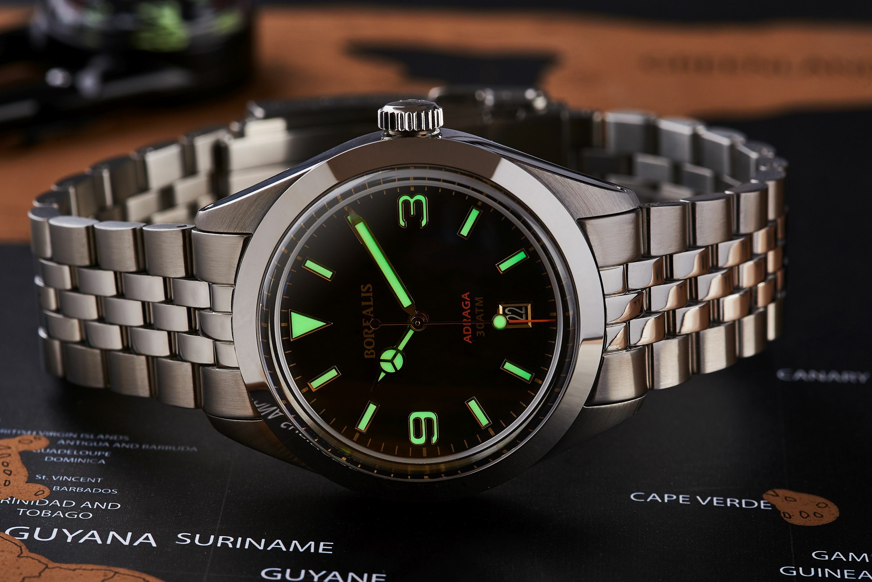 Borealis Adraga Stainless Steel Miyota 9015 fumed brown dial Mercedes Hands Date Old Radium X1 lume
