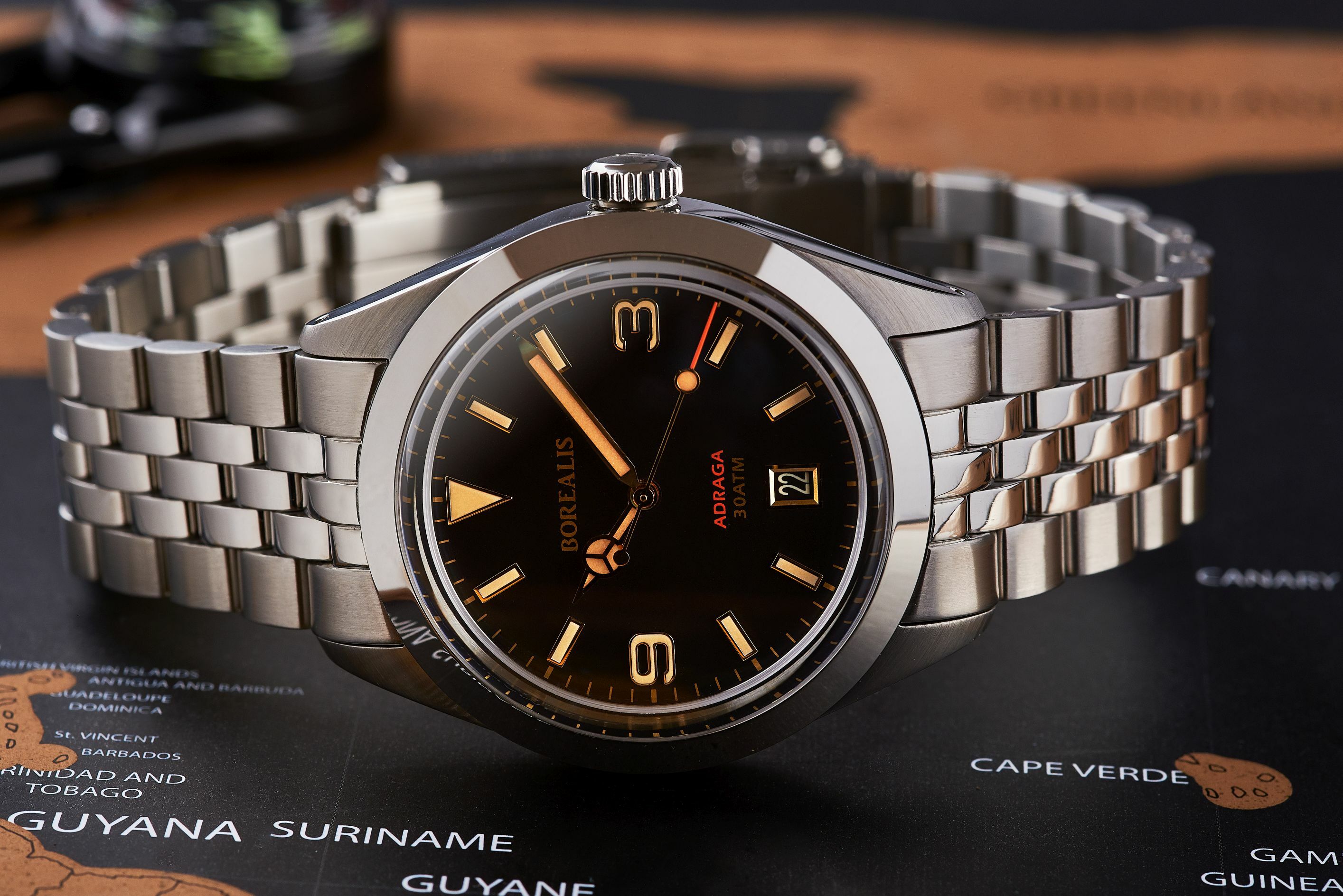 Borealis Adraga Stainless Steel Miyota 9015 fumed brown dial Mercedes Hands Date Old Radium X1 lume
